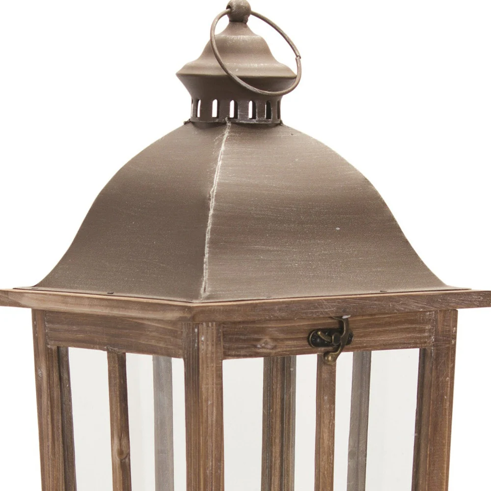 Set of Two Natural Solid Wood Ornate Tabletop Lantern Candle Holders By Homeroots - Image 4