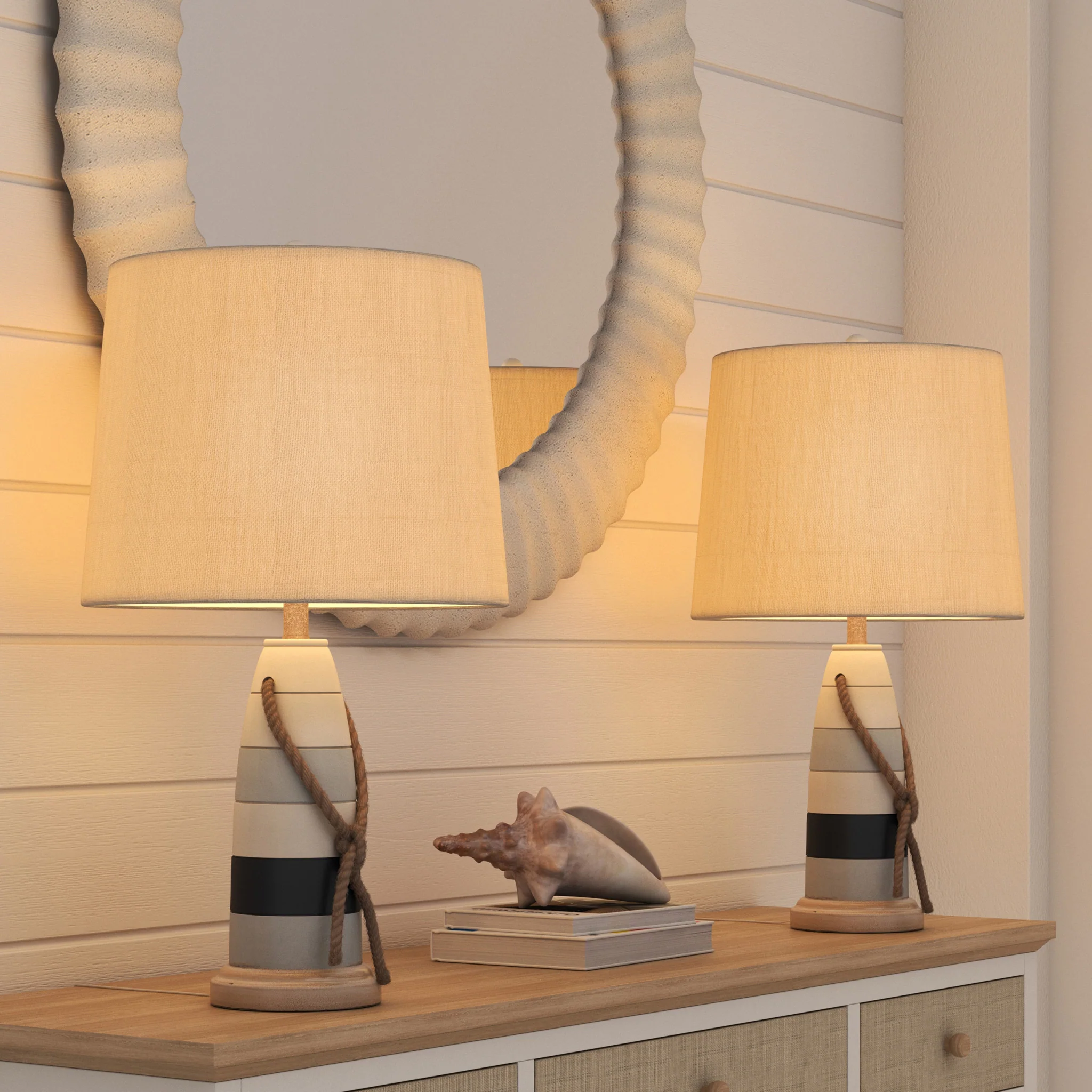 Set of Two Natural White and Blue Novelty Table Lamp Coastal With Off White Empire Shade By Homeroots - Image 7
