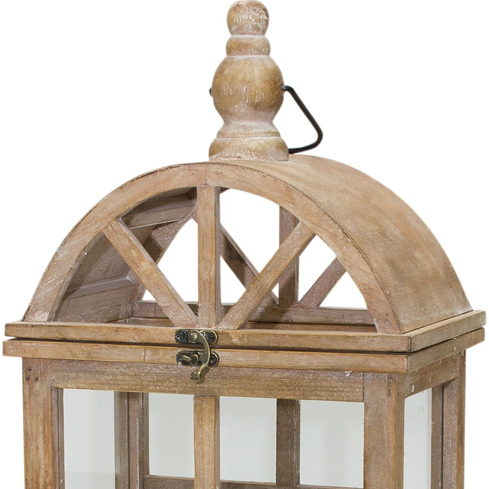 Set of Two Natural Wood and Glass Geometric Floor Lantern Candle Holders By Homeroots - Image 2