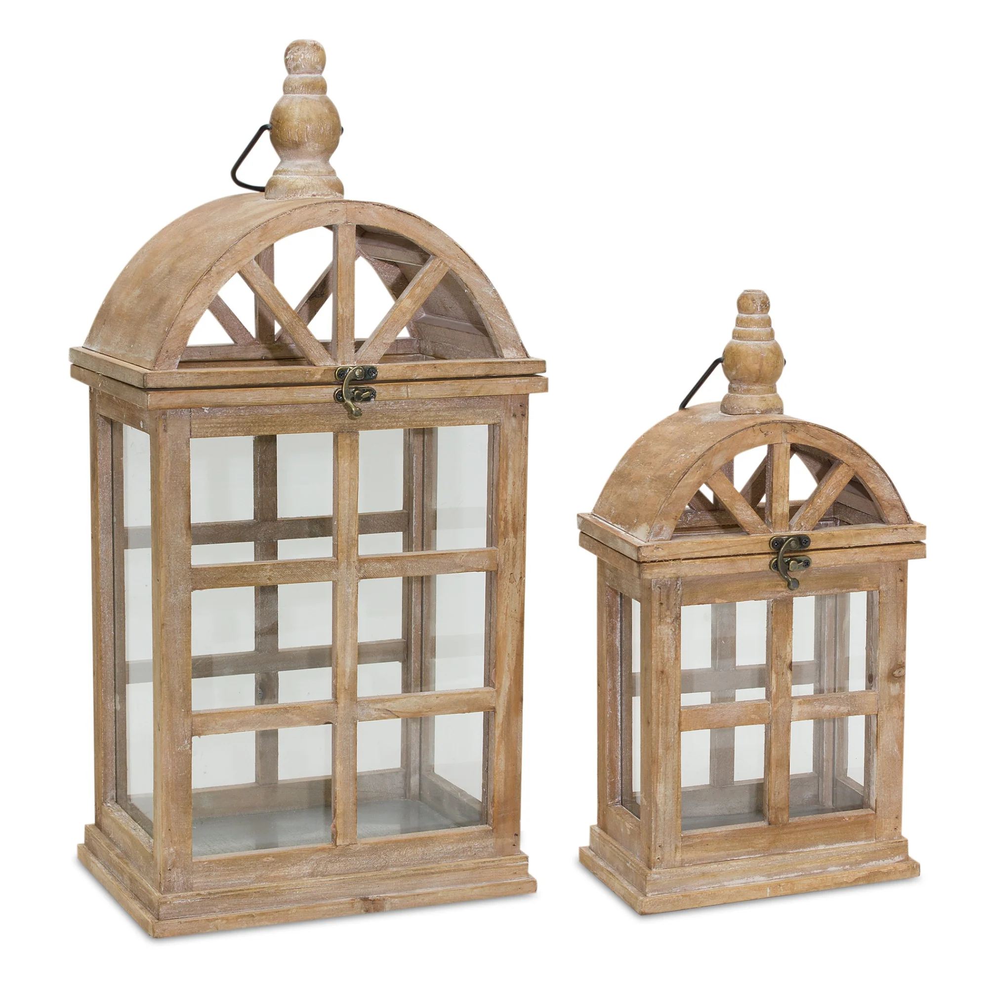 Set of Two Natural Wood and Glass Geometric Floor Lantern Candle Holders By Homeroots - Image 3