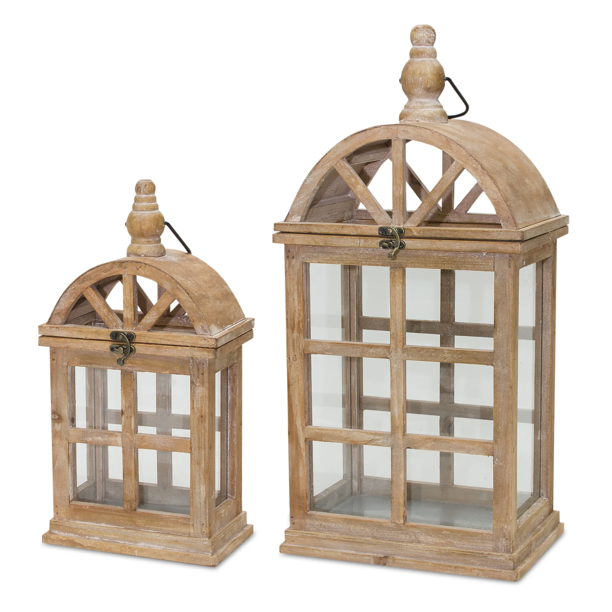 Set of Two Natural Wood and Glass Geometric Floor Lantern Candle Holders By Homeroots - Image 4