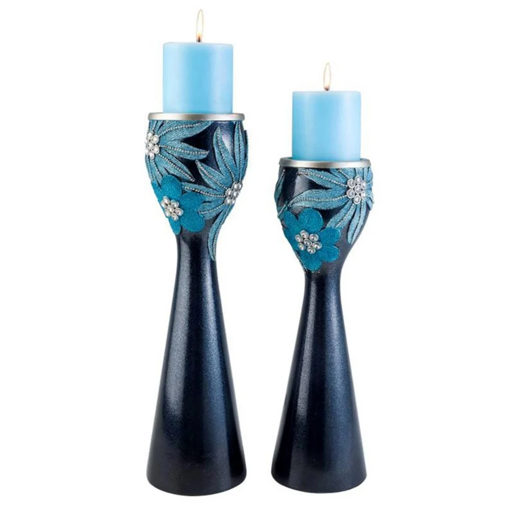 Set Of Two Navy and Aqua Floral Bling Candle Holders with Candles By Homeroots - Image 2