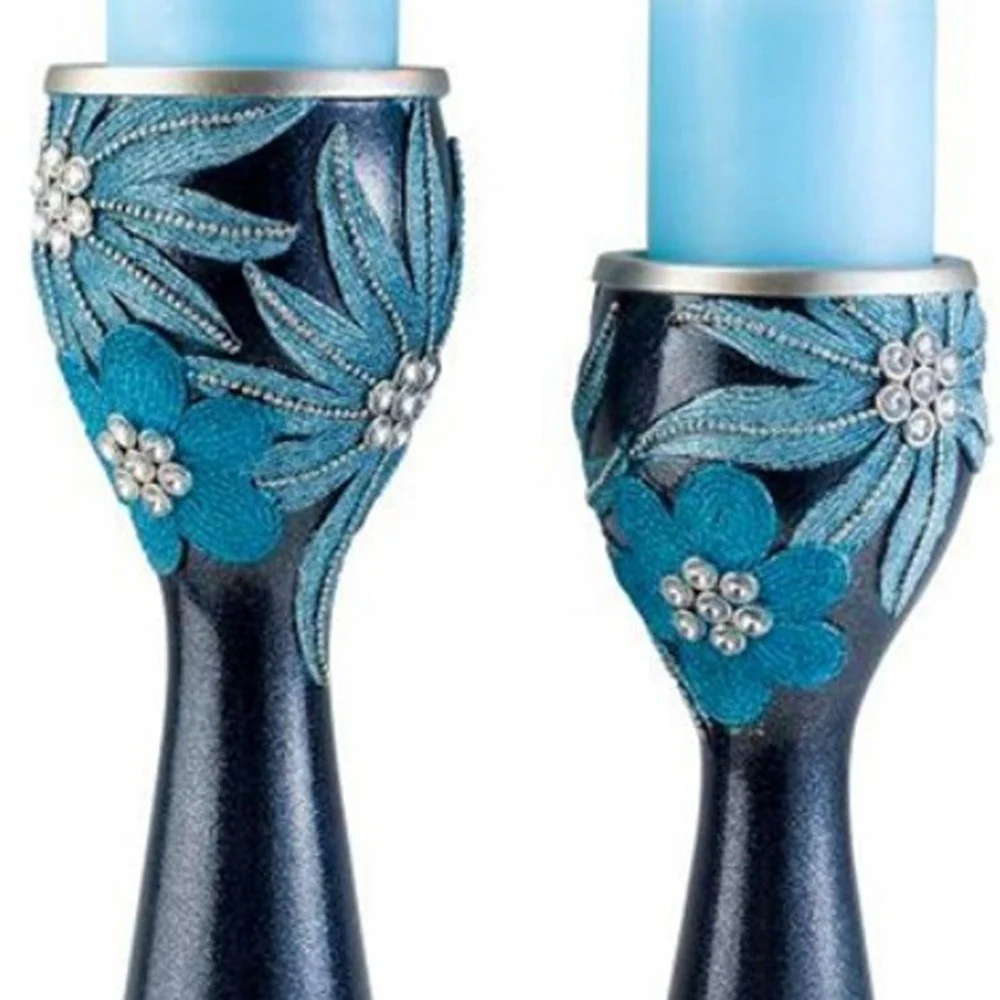Set Of Two Navy and Aqua Floral Bling Candle Holders with Candles By Homeroots - Image 3