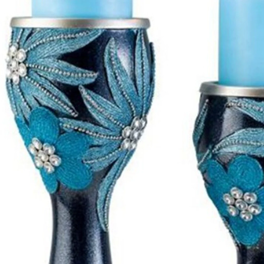 Set Of Two Navy and Aqua Floral Bling Candle Holders with Candles By Homeroots - Image 4