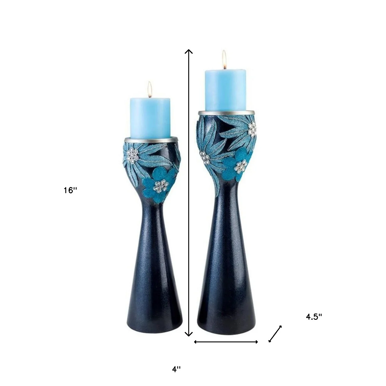 Set Of Two Navy and Aqua Floral Bling Candle Holders with Candles By Homeroots - Image 5