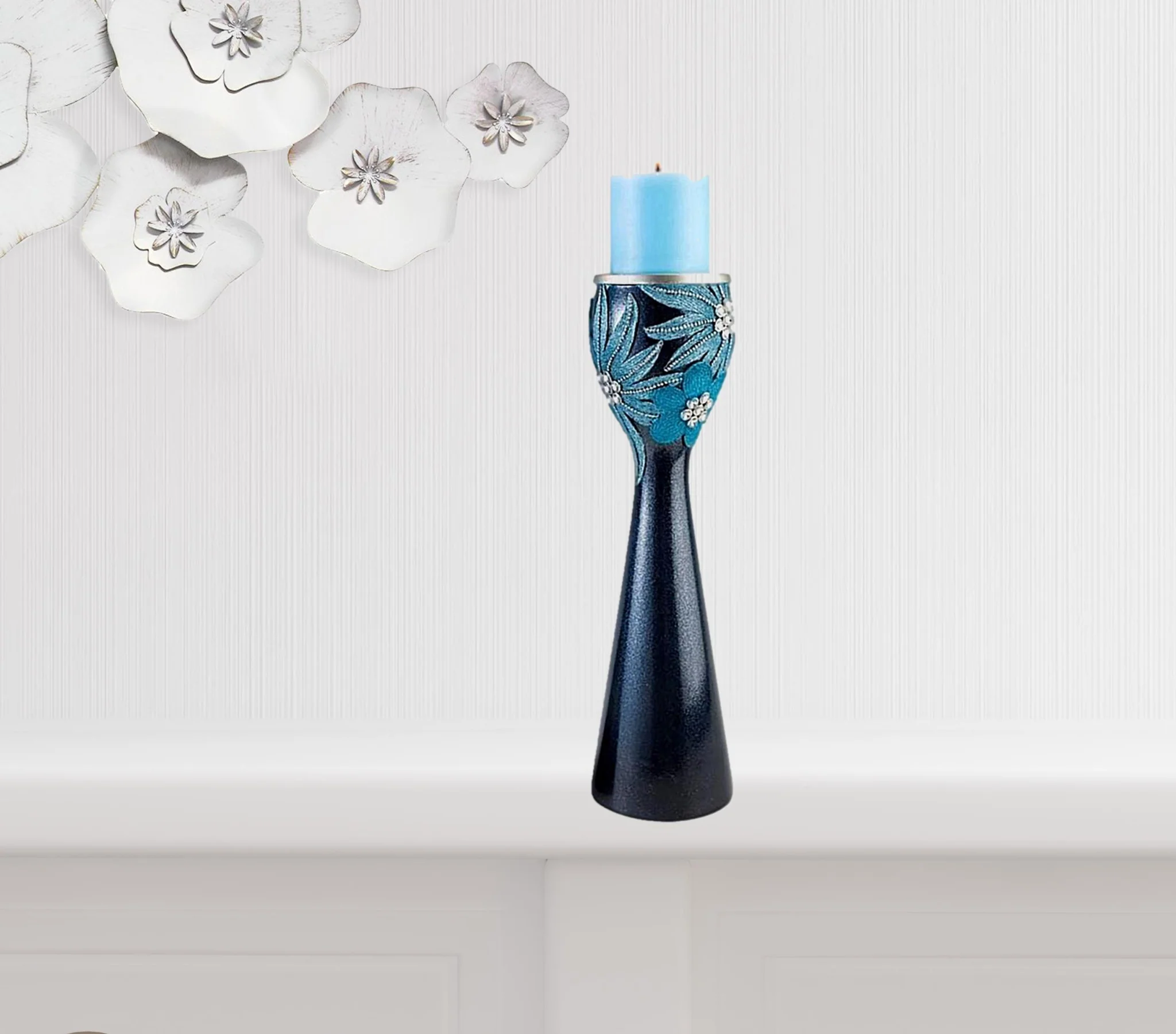 Set Of Two Navy and Aqua Floral Bling Candle Holders with Candles By Homeroots - Image 6