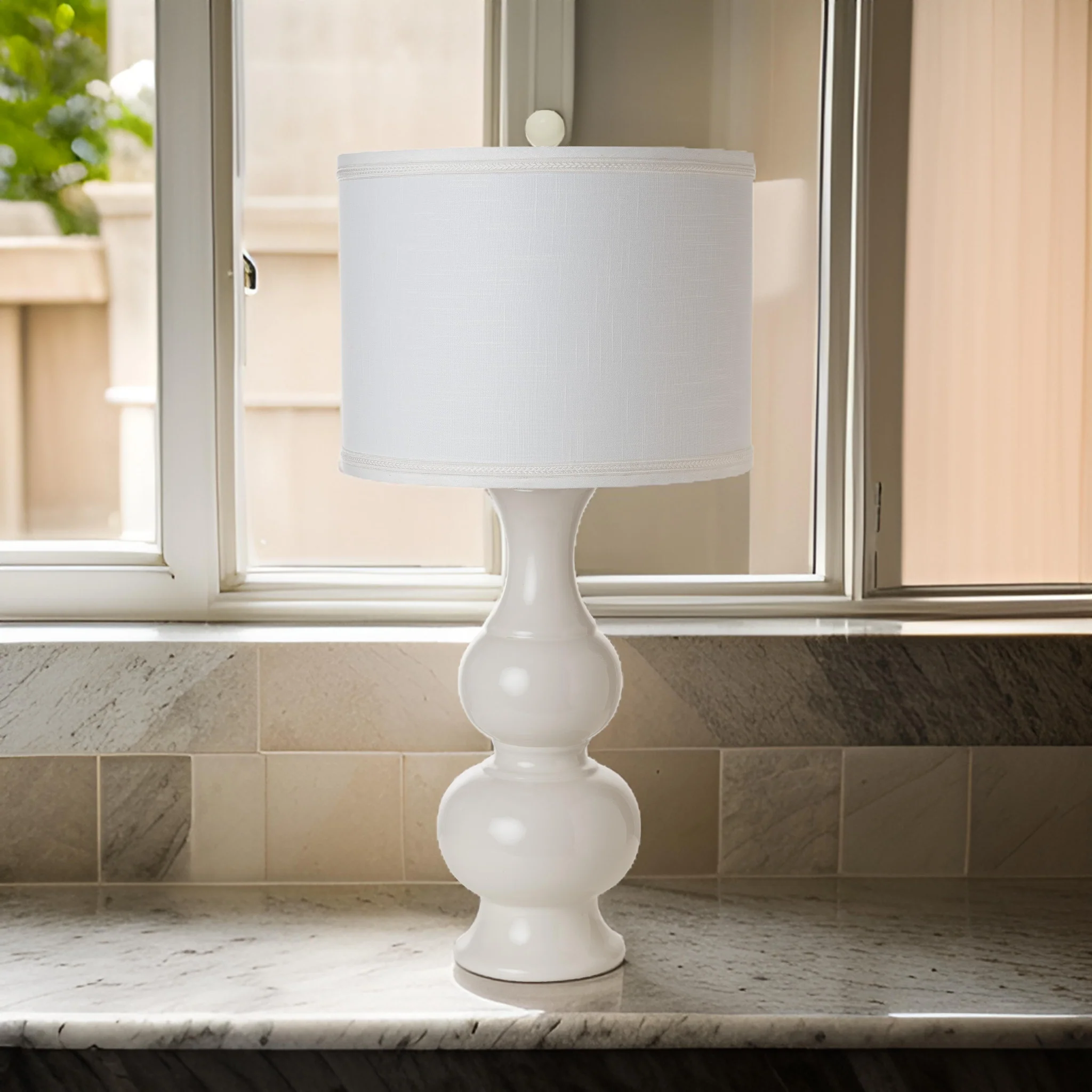 Set of Two Off White Ceramic Gourd Table Lamp With Off White Drum Shade By Homeroots - Image 6