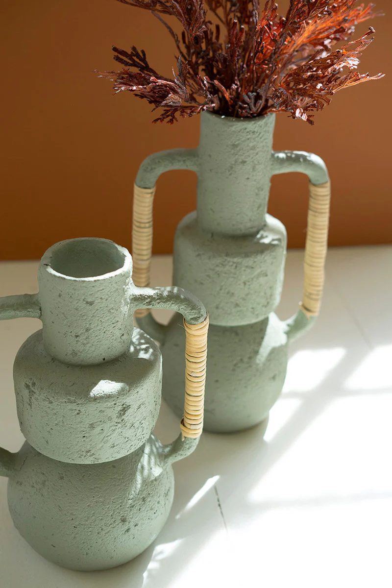 Set Of Two Paper Mache Vases With Cane Handles - Mint By Kalalou - Image 2