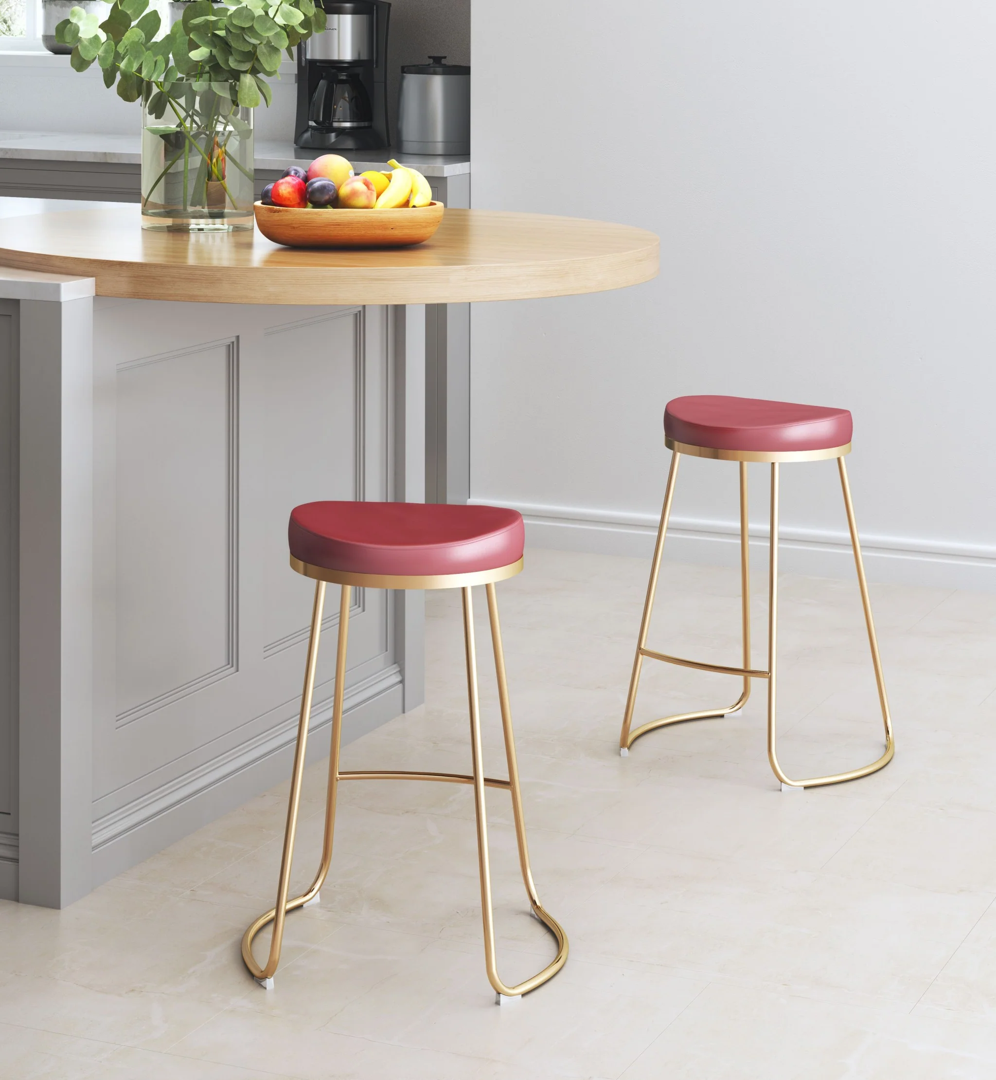 Set of Two " Red and Gold Faux Leather and Stainless Steel Backless Counter Height Bar Chairs with Footrest By Homeroots - Image 8