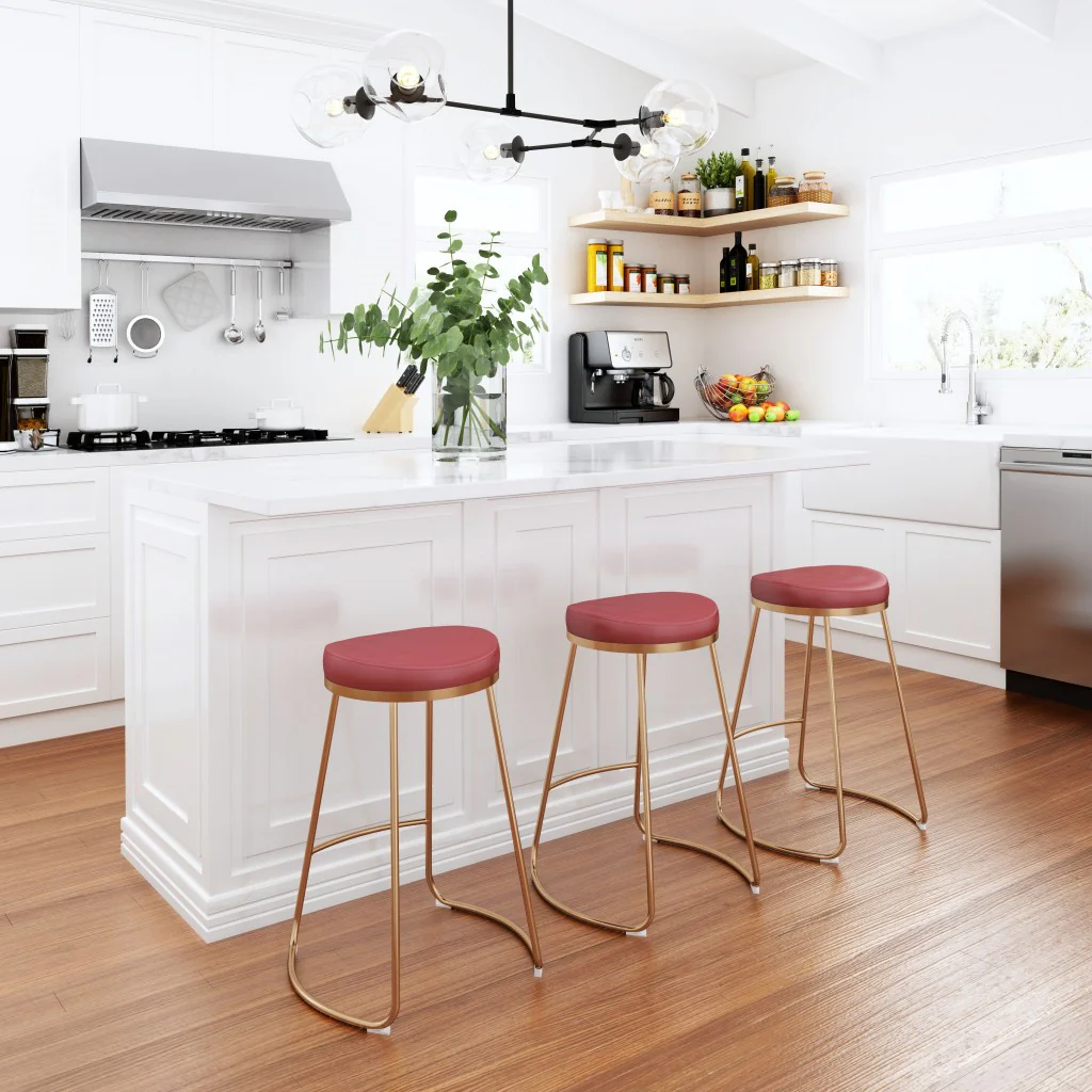 Set of Two " Red and Gold Faux Leather and Stainless Steel Backless Counter Height Bar Chairs with Footrest By Homeroots - Image 9
