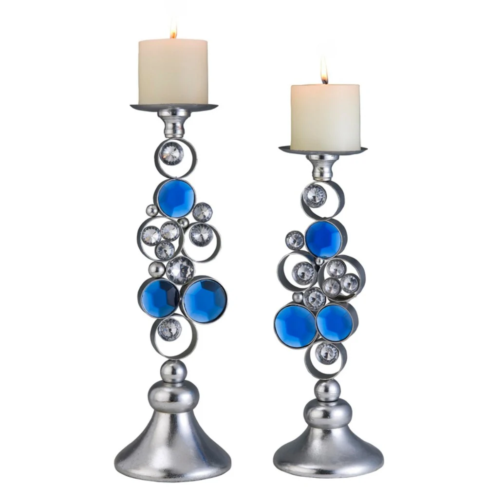 Set Of Two Silver and Blue Bling Tabletop Pillar Candle Holders By Homeroots - Image 2