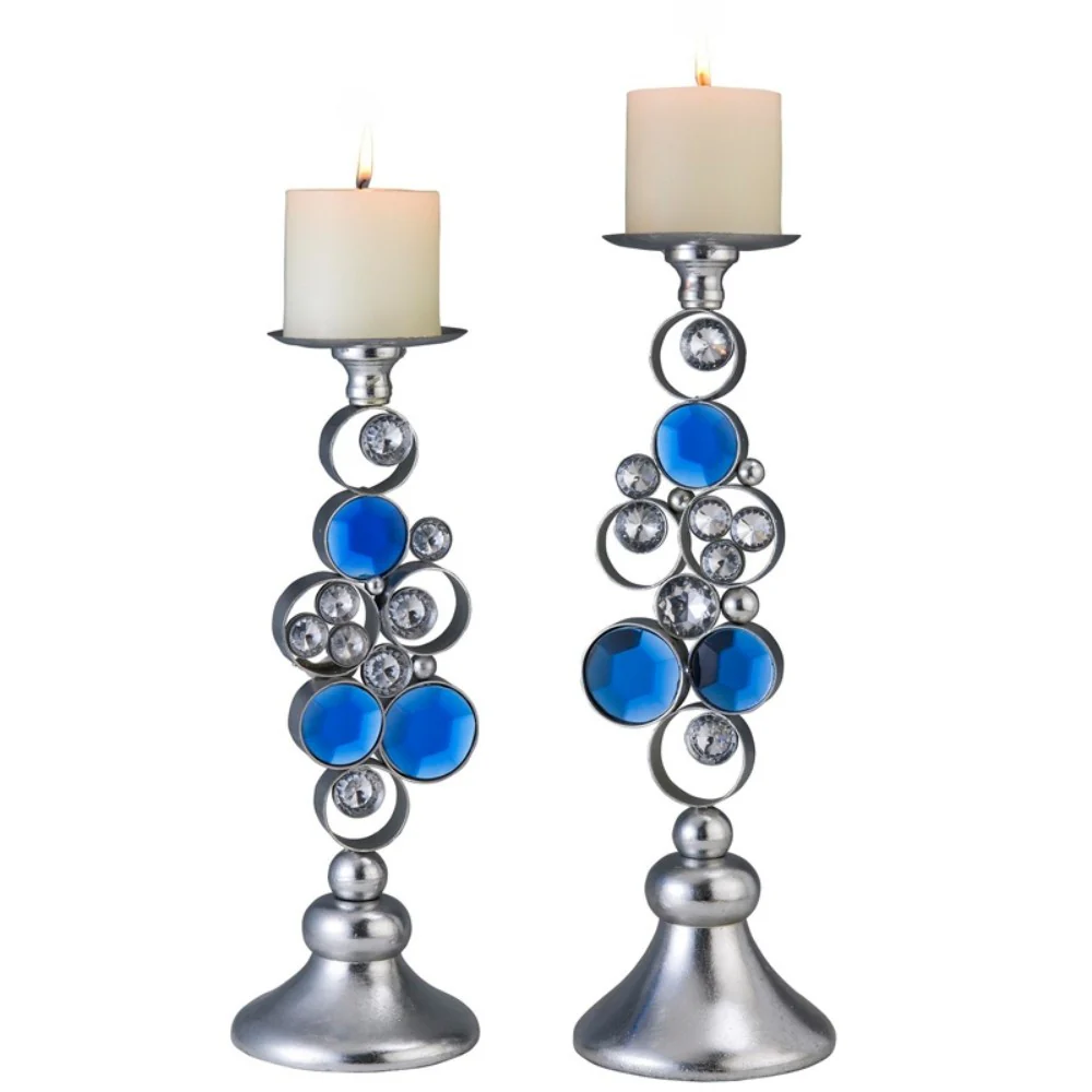 Set Of Two Silver and Blue Bling Tabletop Pillar Candle Holders By Homeroots - Image 3