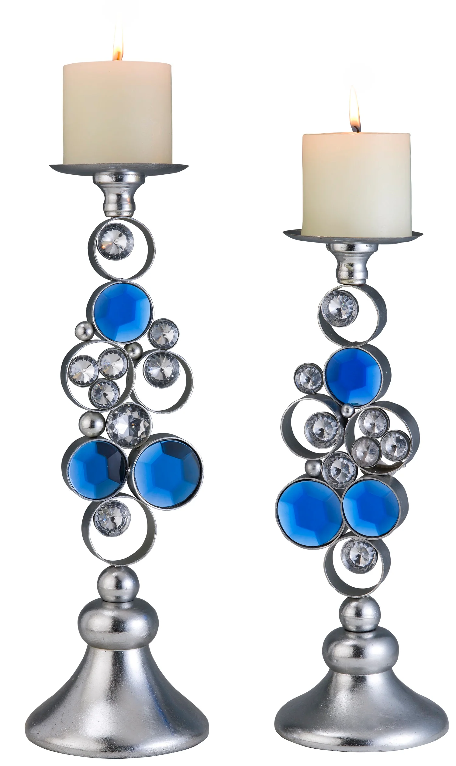 Set Of Two Silver and Blue Bling Tabletop Pillar Candle Holders By Homeroots - Image 4