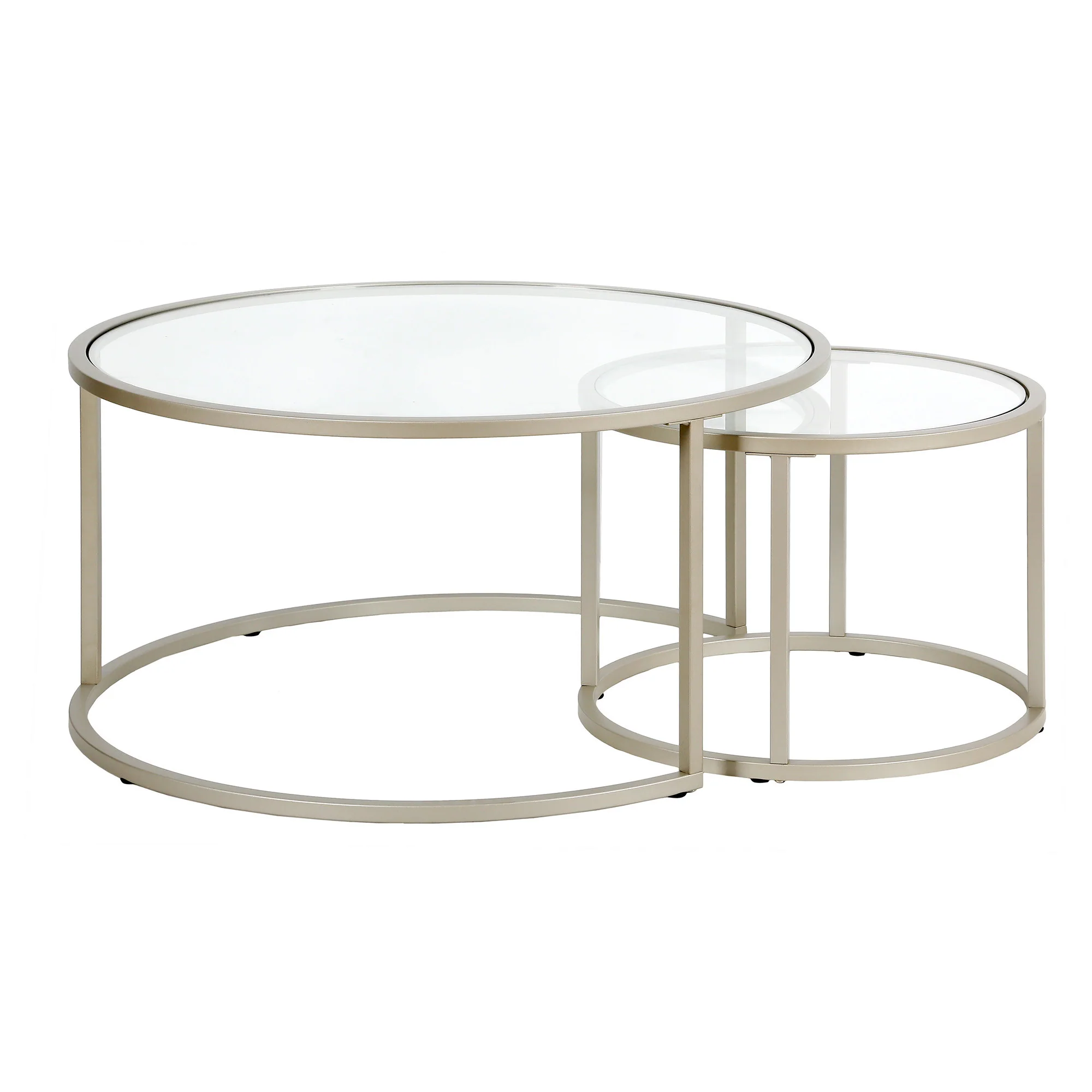 Set of Two Silver Glass And Steel Round Nested Coffee Tables By Homeroots - Image 2