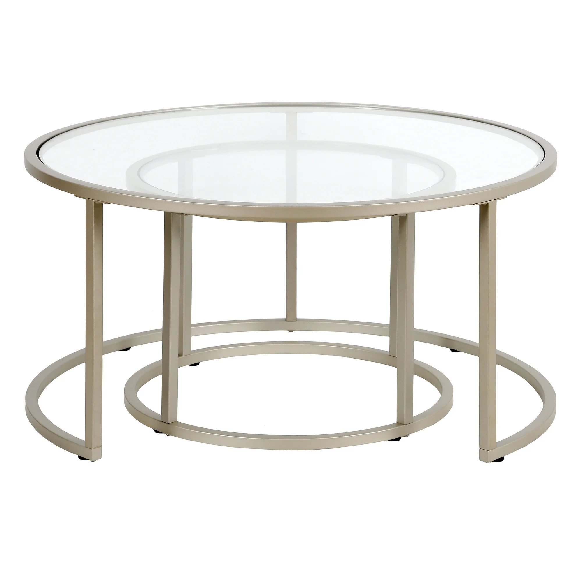 Set of Two Silver Glass And Steel Round Nested Coffee Tables By Homeroots - Image 3