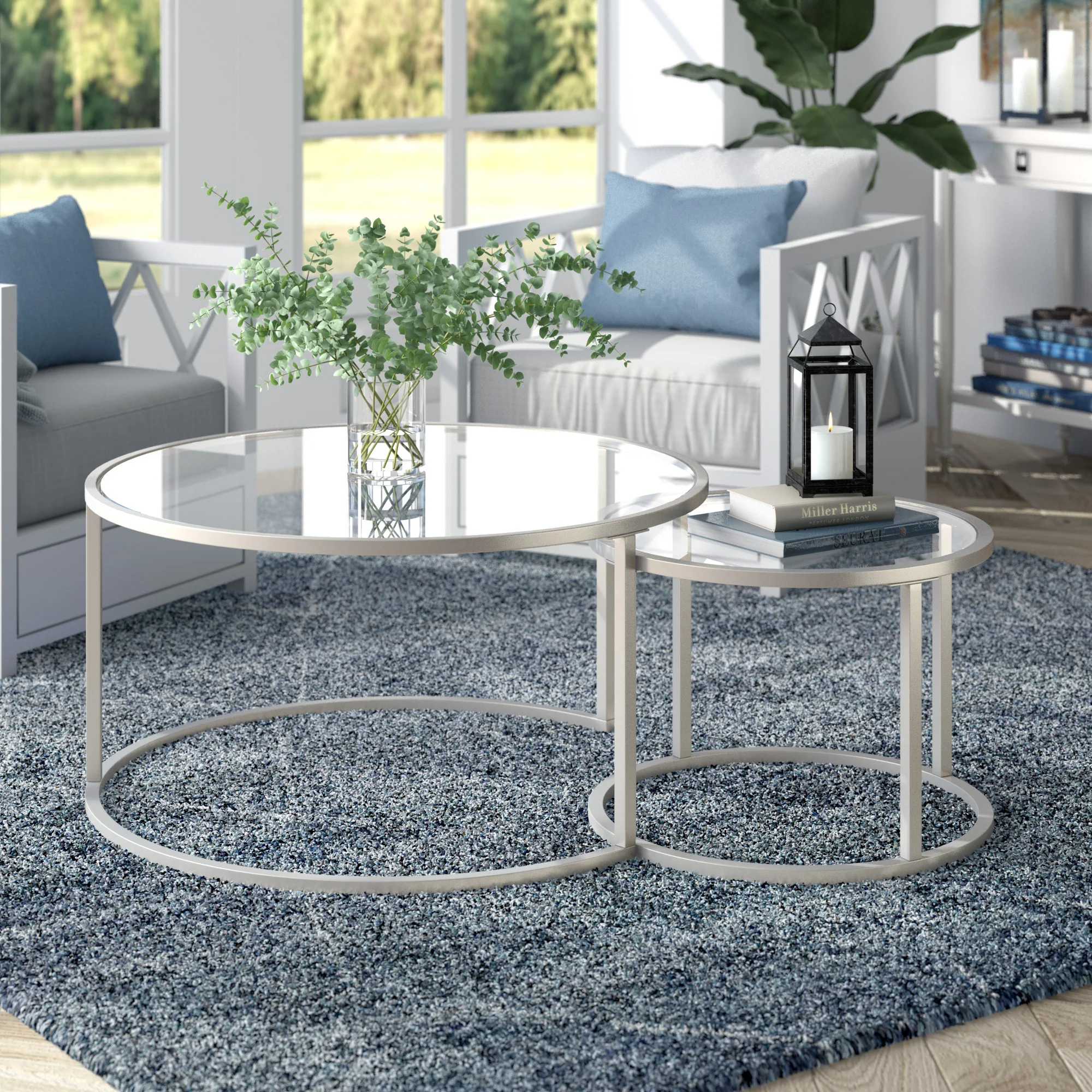 Set of Two Silver Glass And Steel Round Nested Coffee Tables By Homeroots - Image 6