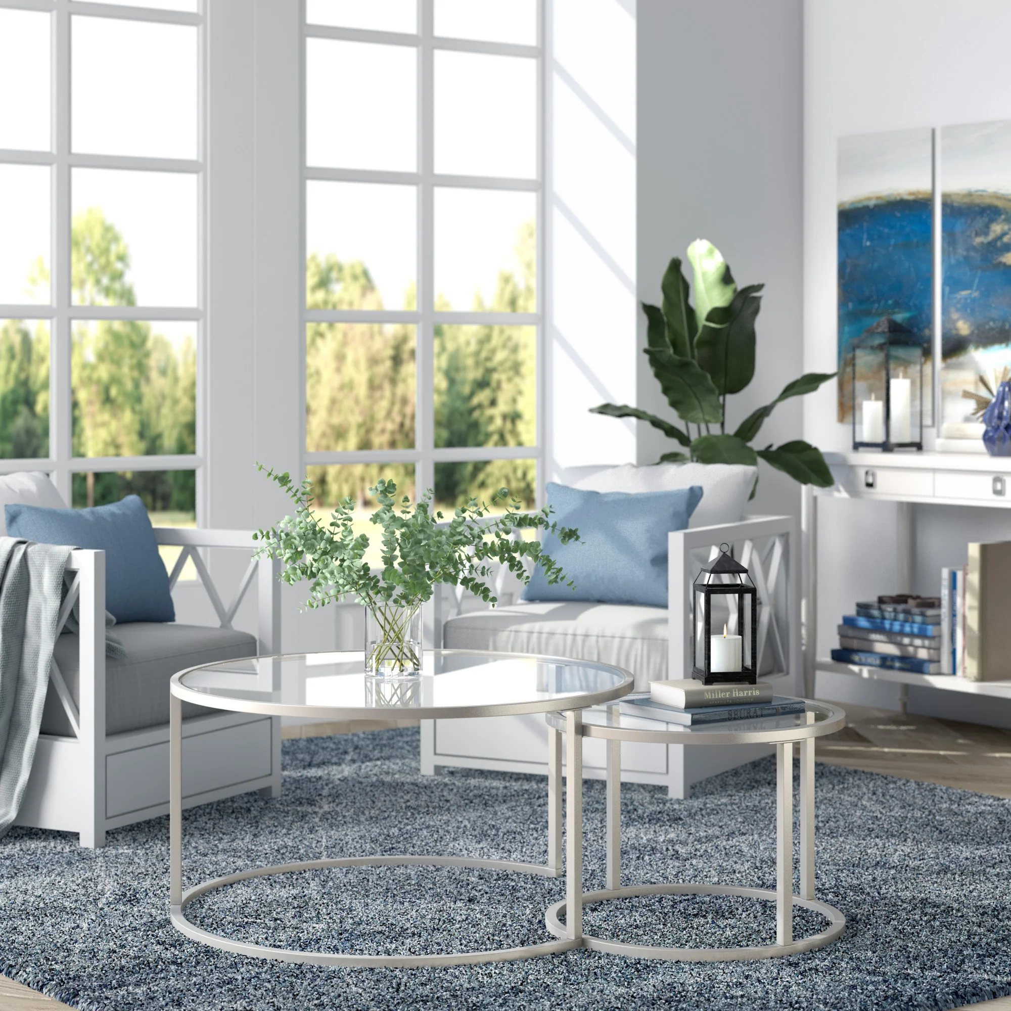 Set of Two Silver Glass And Steel Round Nested Coffee Tables By Homeroots - Image 7