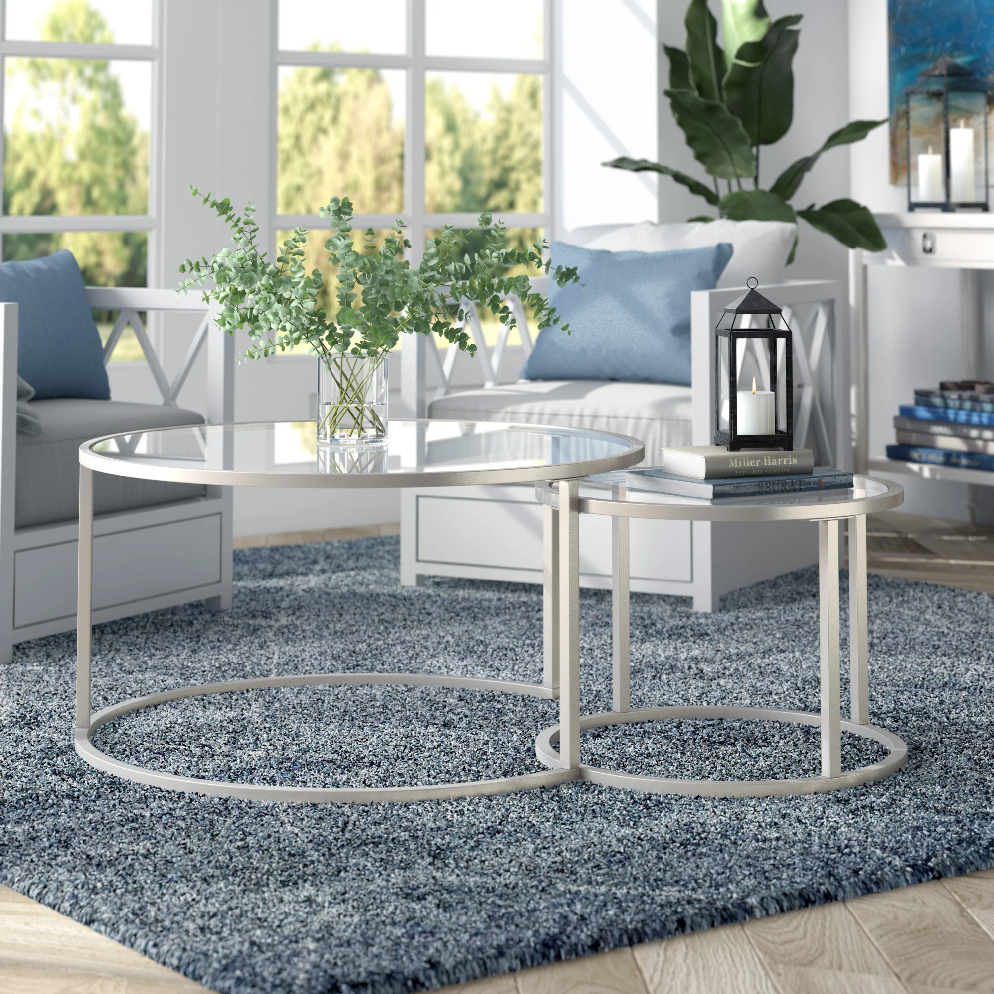 Set of Two Silver Glass And Steel Round Nested Coffee Tables By Homeroots - Image 8
