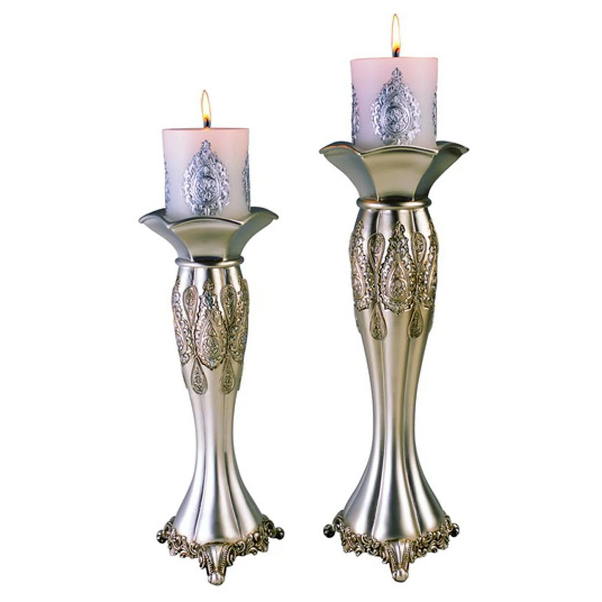 Set of Two Silver Metallic Polyresin Ornate Tabletop Pillar Candle Holders With Candle By Homeroots - Image 2