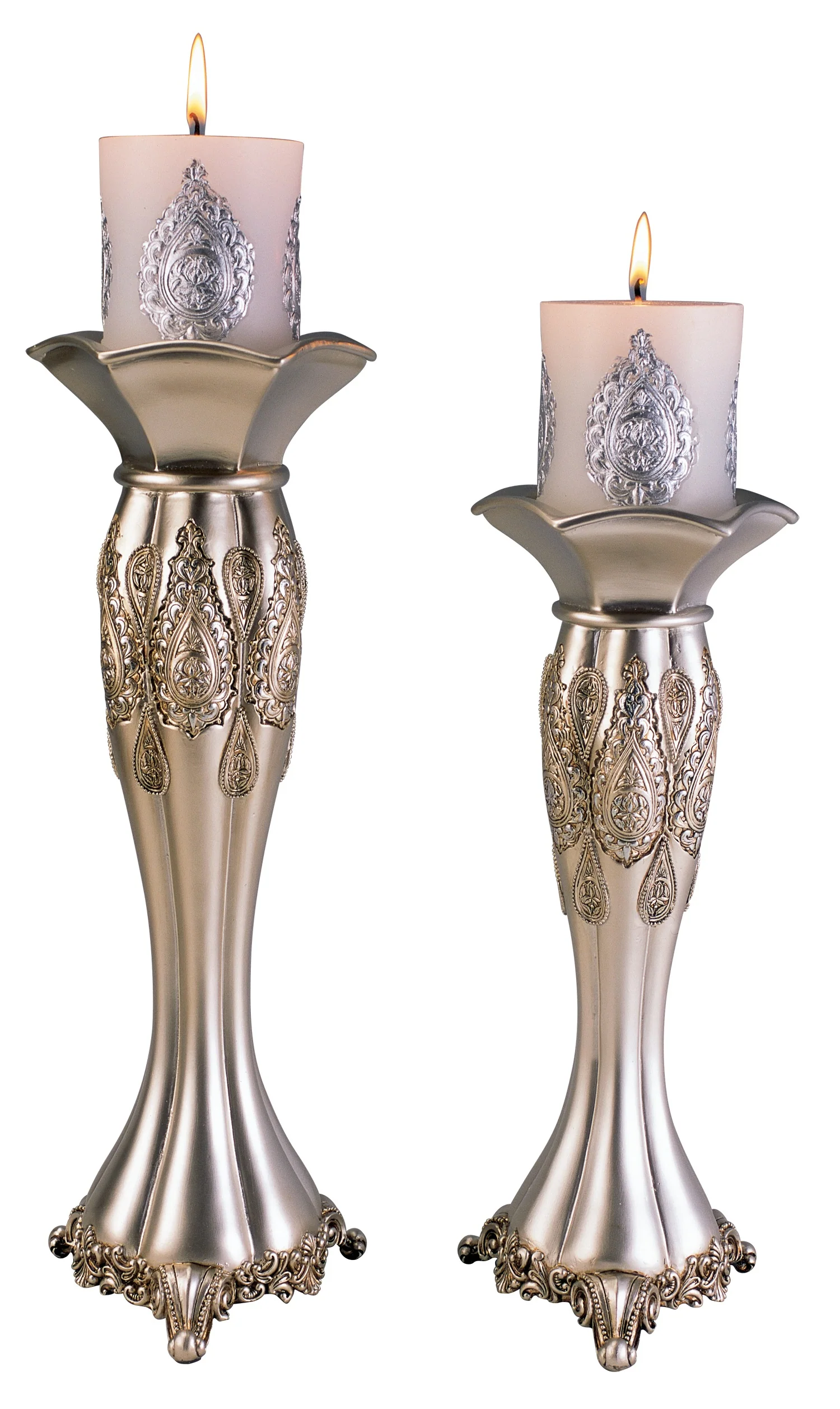 Set of Two Silver Metallic Polyresin Ornate Tabletop Pillar Candle Holders With Candle By Homeroots - Image 3