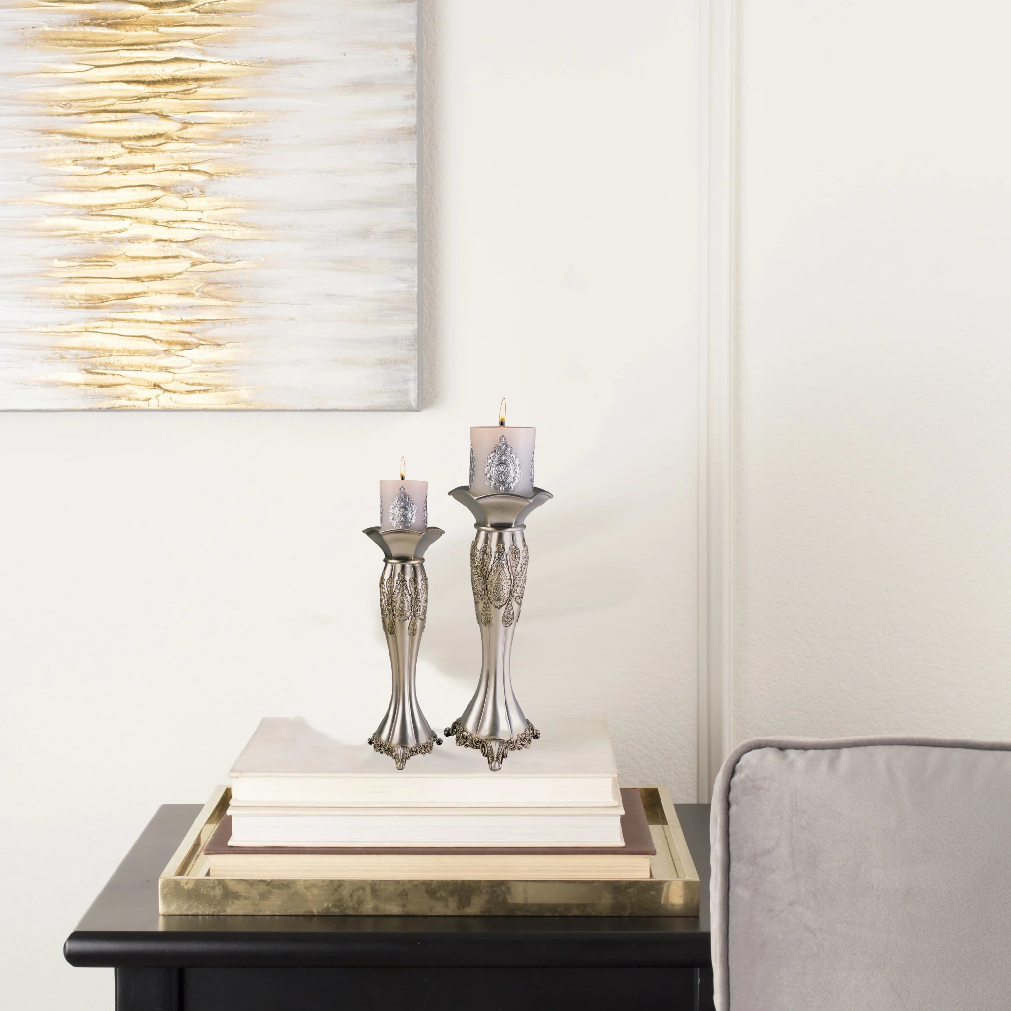 Set of Two Silver Metallic Polyresin Ornate Tabletop Pillar Candle Holders With Candle By Homeroots - Image 6