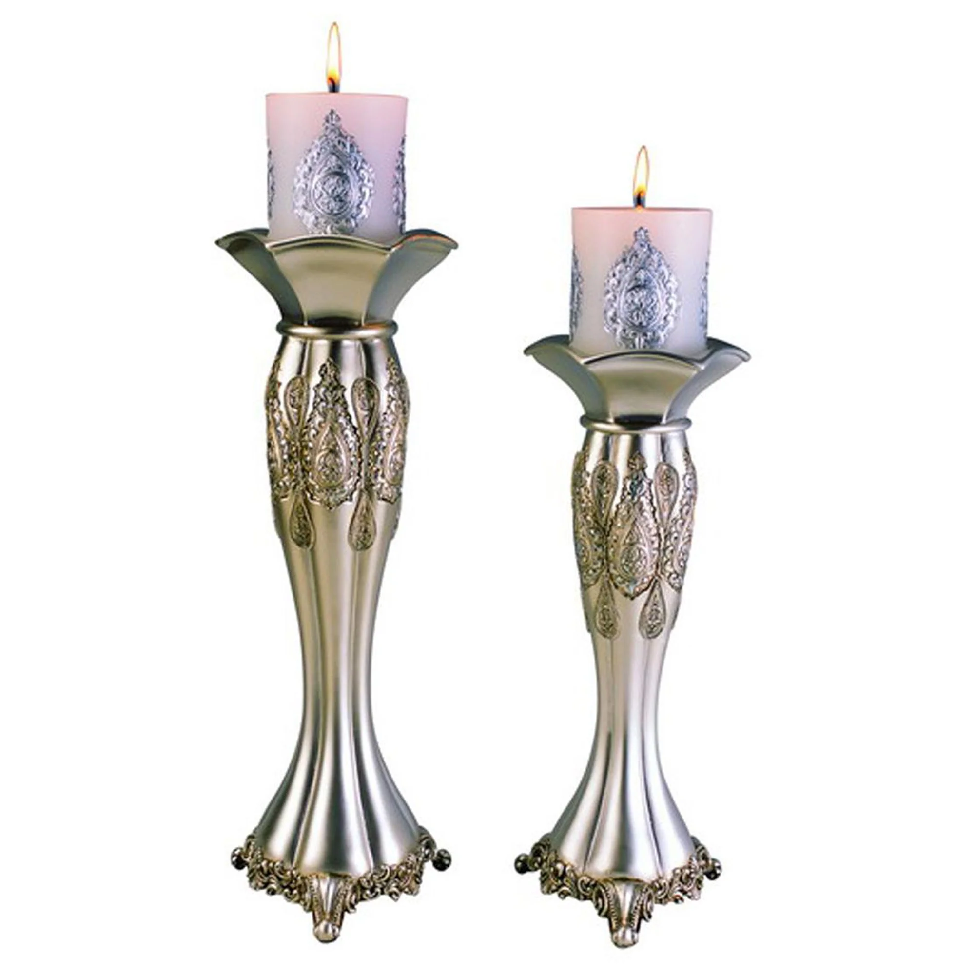 Set of Two Silver Metallic Polyresin Ornate Tabletop Pillar Candle Holders With Candle By Homeroots - Image 7