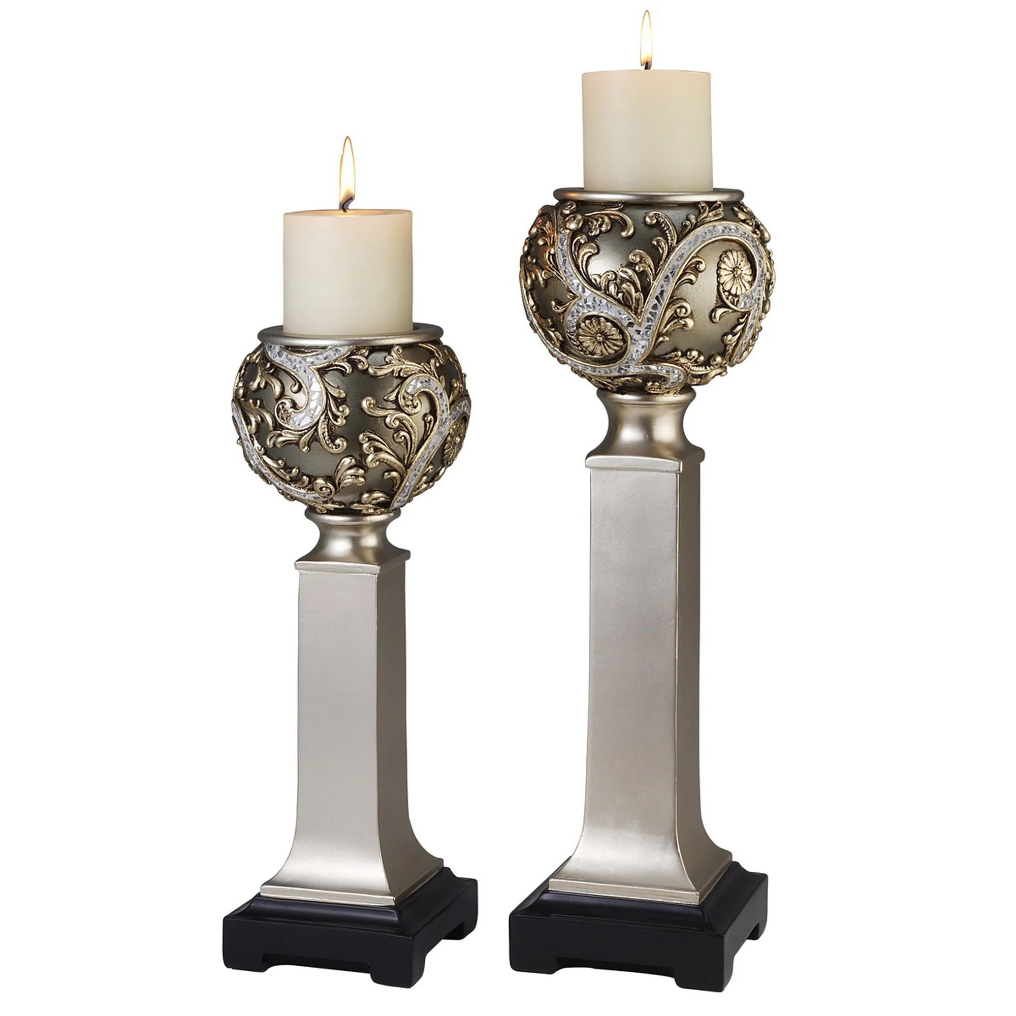 Set of Two Silver Polyresin Filigree Tabletop Pillar Candle Holders With Candle By Homeroots - Image 2