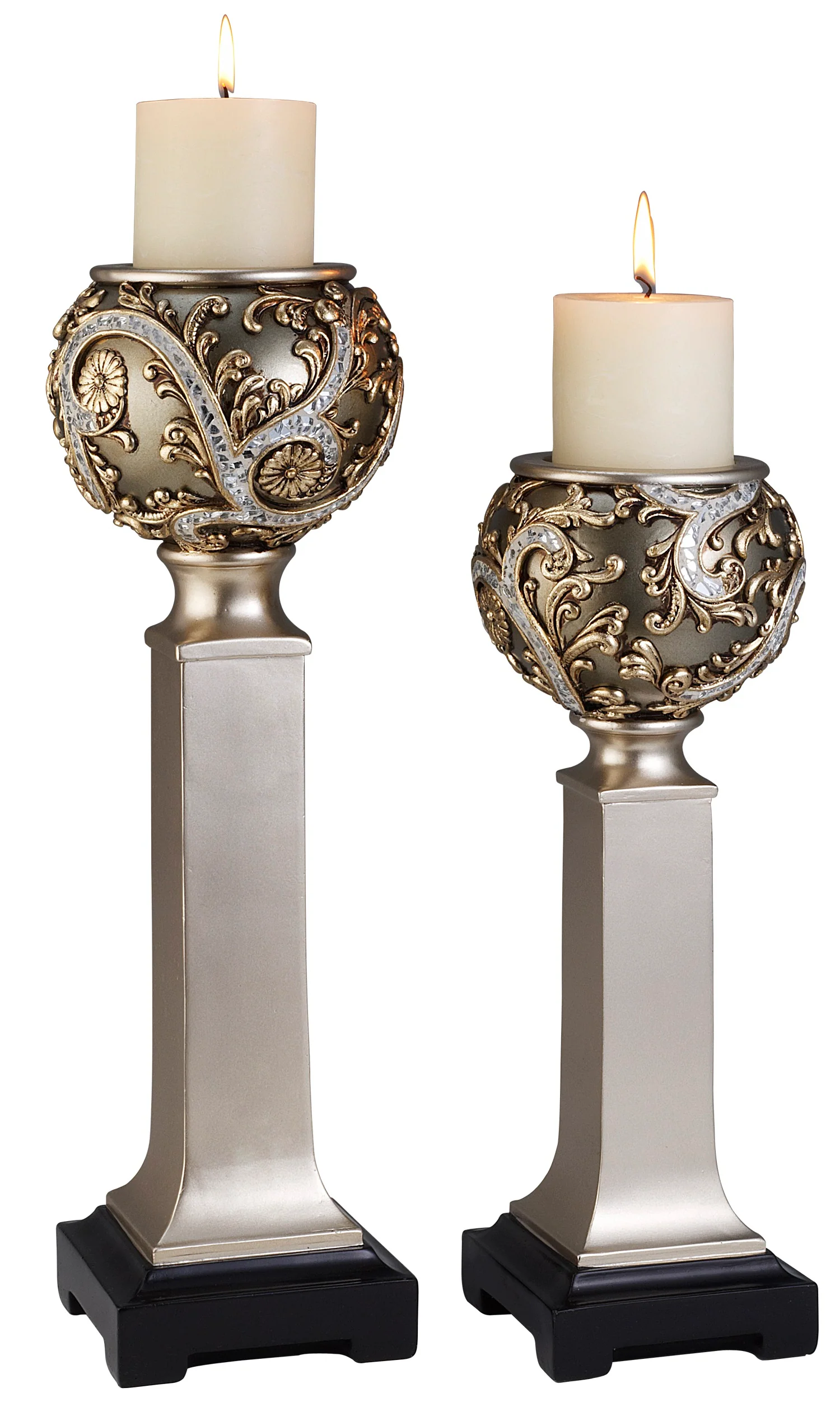 Set of Two Silver Polyresin Filigree Tabletop Pillar Candle Holders With Candle By Homeroots - Image 3