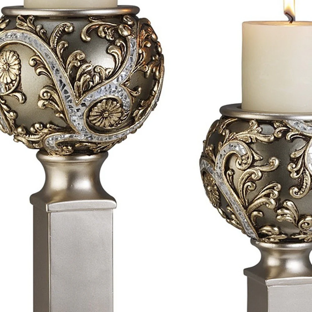 Set of Two Silver Polyresin Filigree Tabletop Pillar Candle Holders With Candle By Homeroots - Image 4