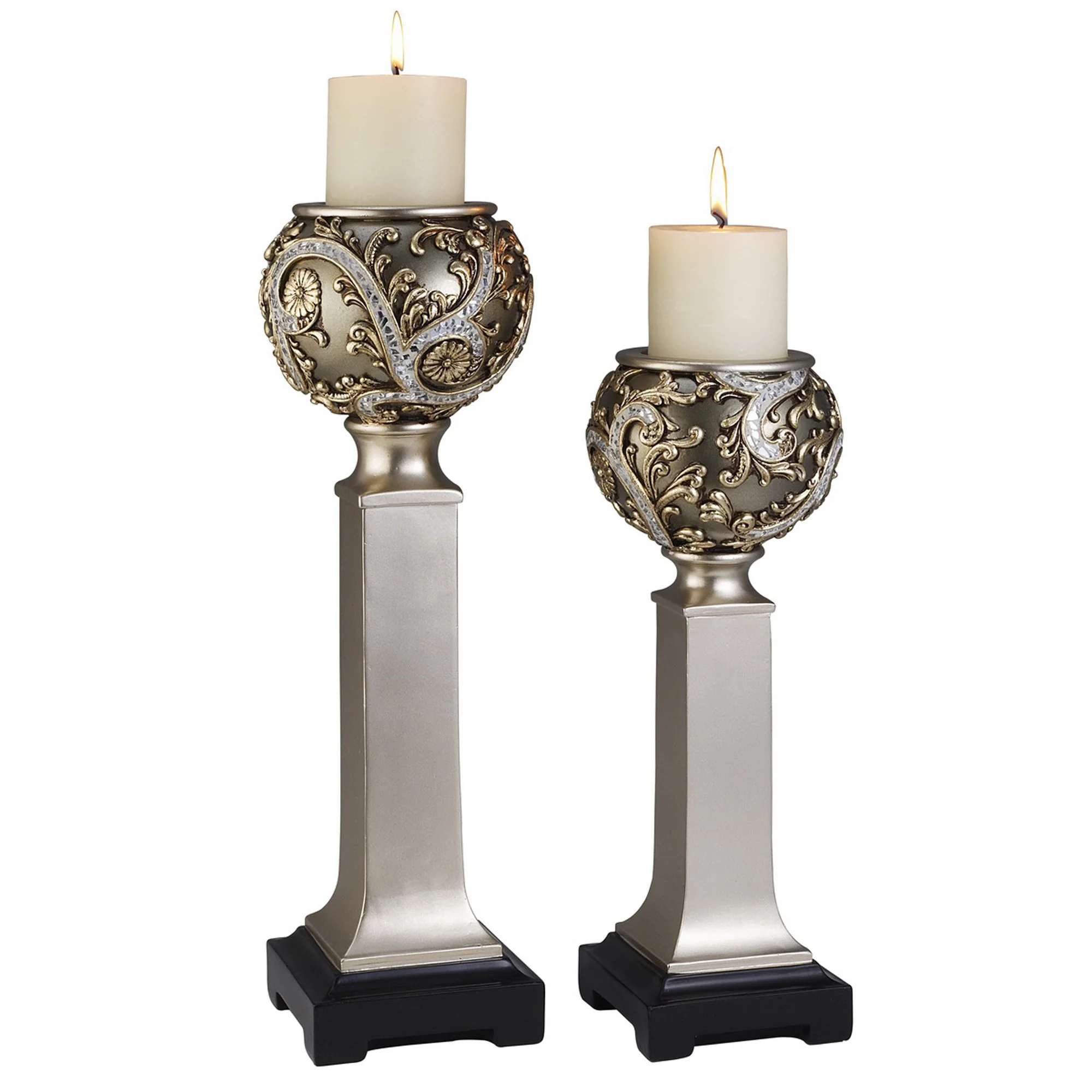 Set of Two Silver Polyresin Filigree Tabletop Pillar Candle Holders With Candle By Homeroots - Image 5