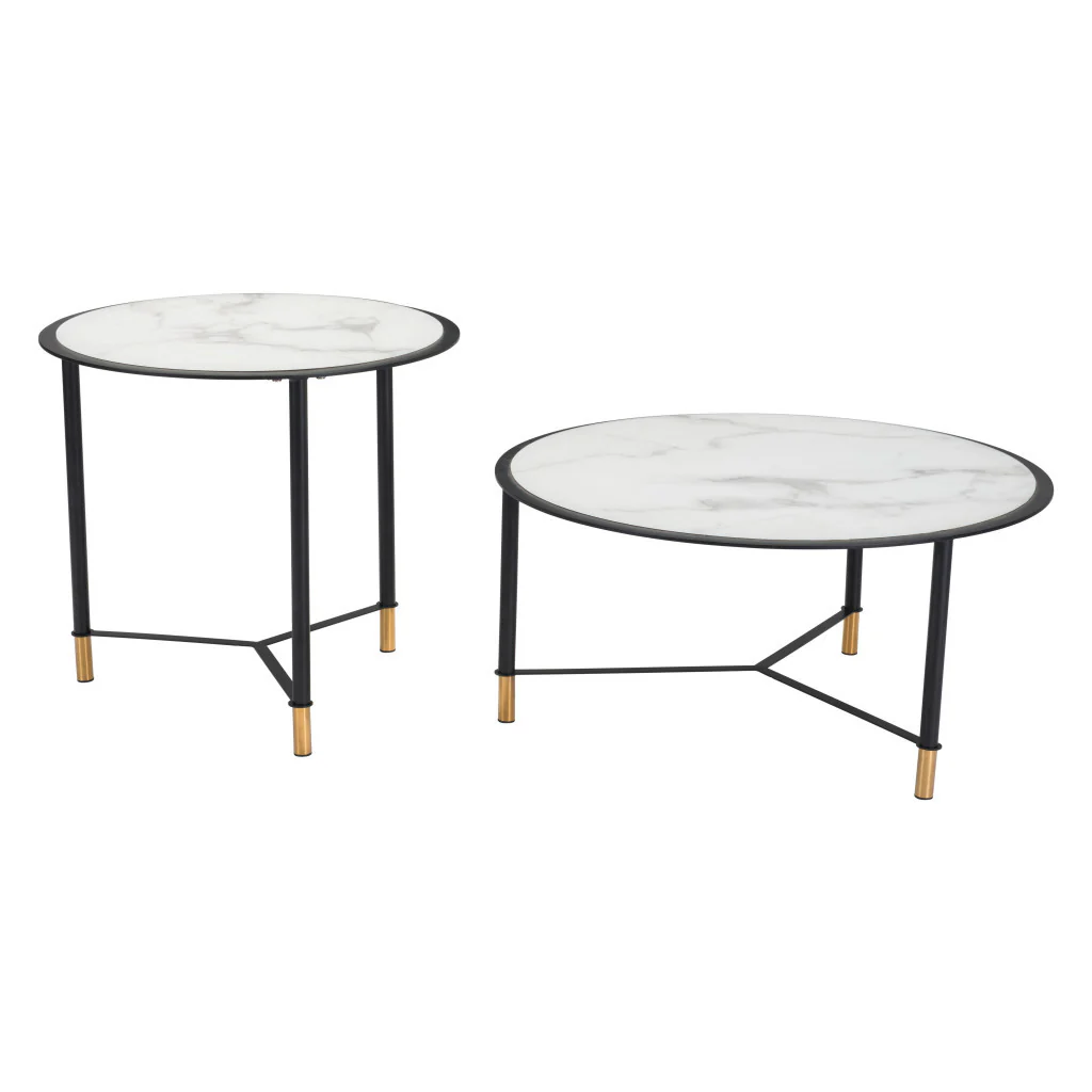 Set of Two White and Black Faux Marble And Glass And Steel Round Bunching Coffee Tables By Homeroots - Image 2
