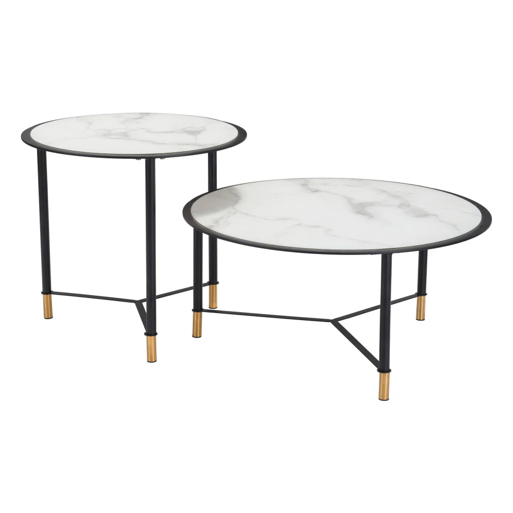 Set of Two White and Black Faux Marble And Glass And Steel Round Bunching Coffee Tables By Homeroots - Image 4