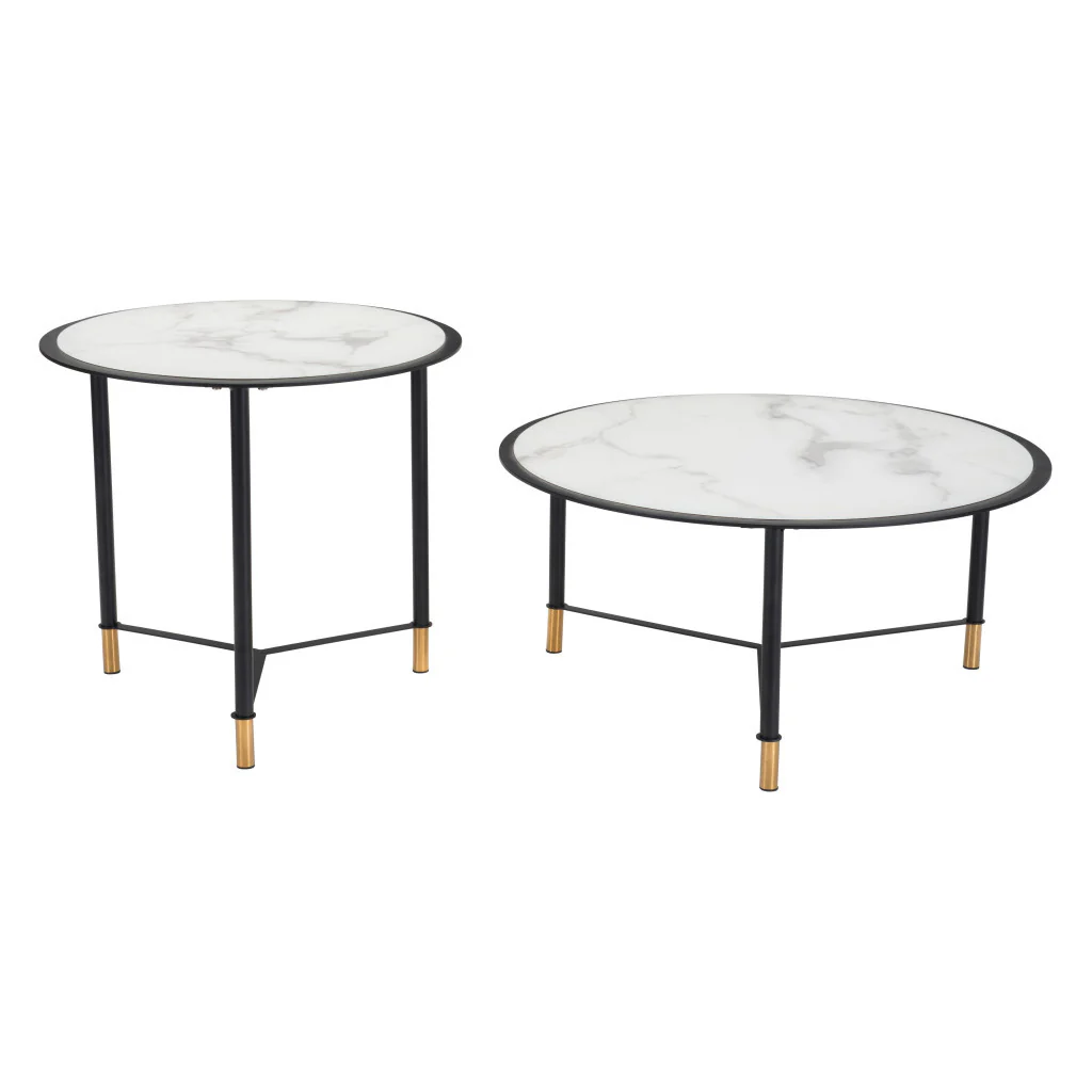 Set of Two White and Black Faux Marble And Glass And Steel Round Bunching Coffee Tables By Homeroots - Image 5
