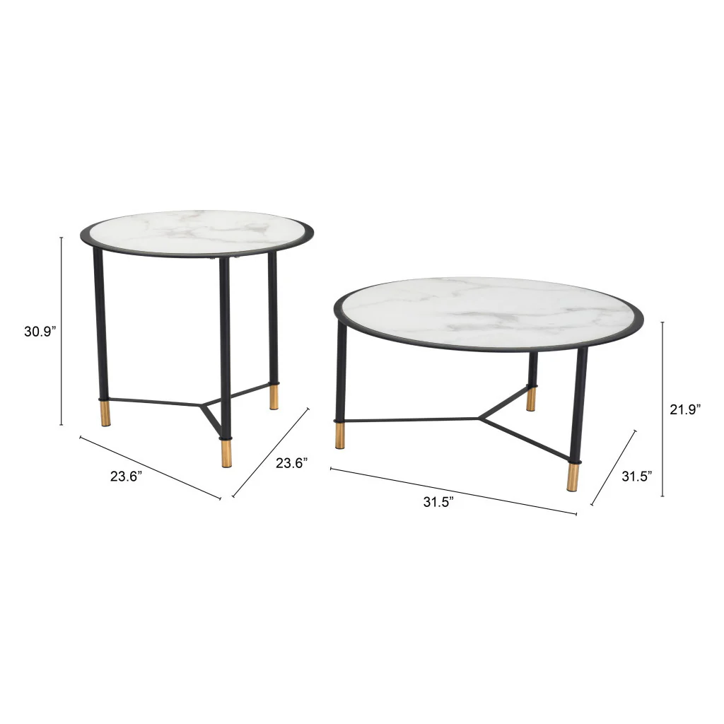 Set of Two White and Black Faux Marble And Glass And Steel Round Bunching Coffee Tables By Homeroots - Image 7