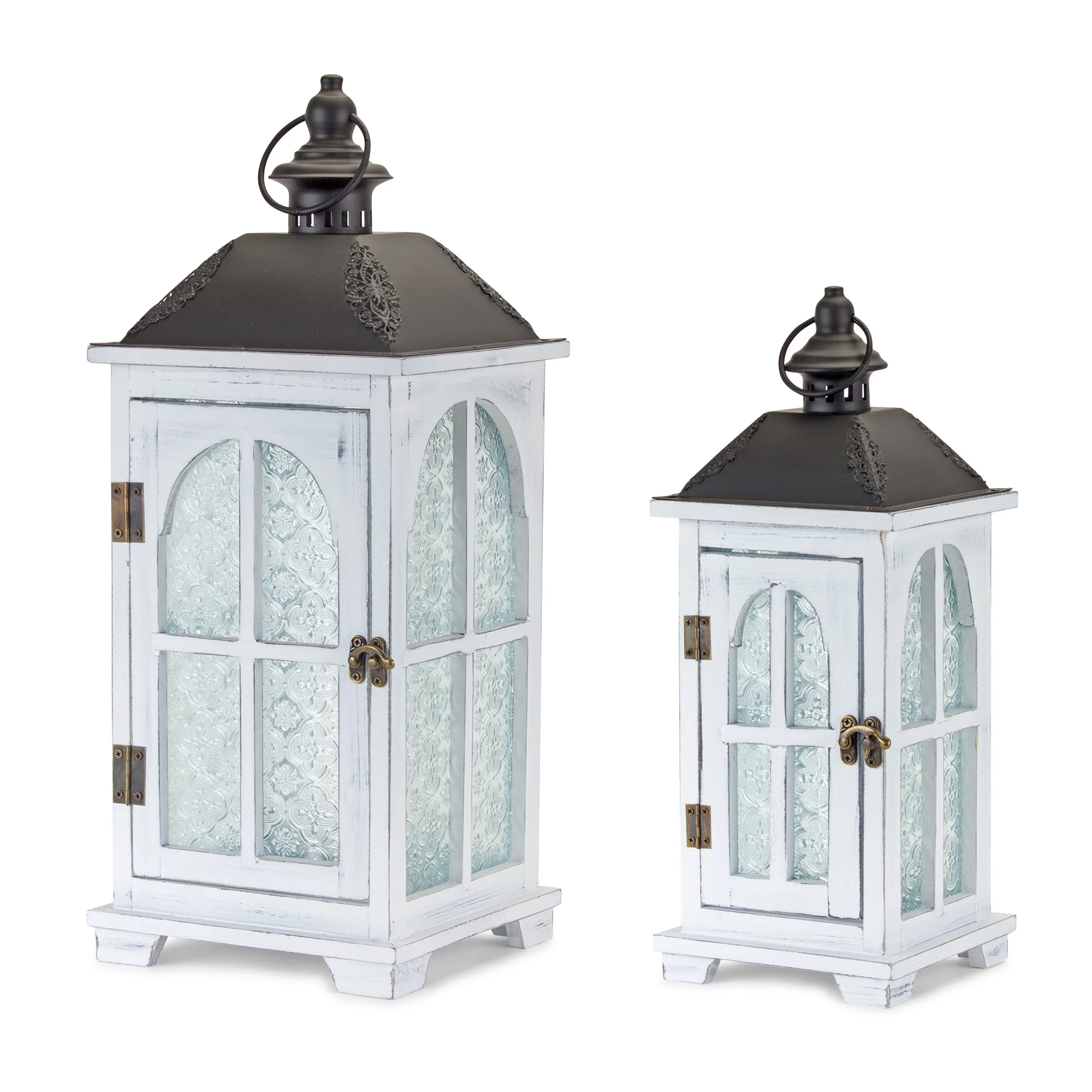 Set of Two White and Black Glass Wood and Metal Ornate Floor Lantern Candle Holders By Homeroots - Image 2