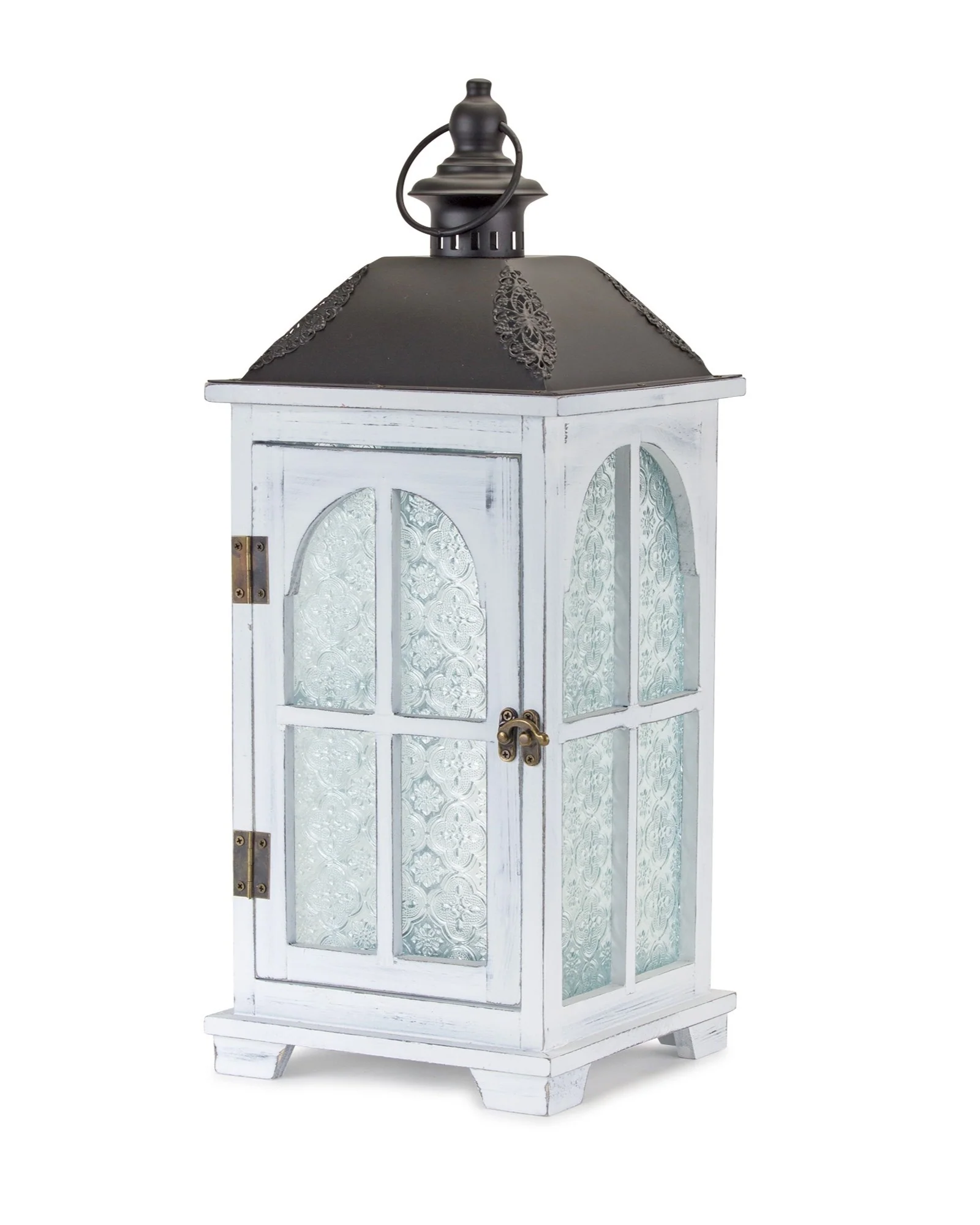 Set of Two White and Black Glass Wood and Metal Ornate Floor Lantern Candle Holders By Homeroots - Image 3