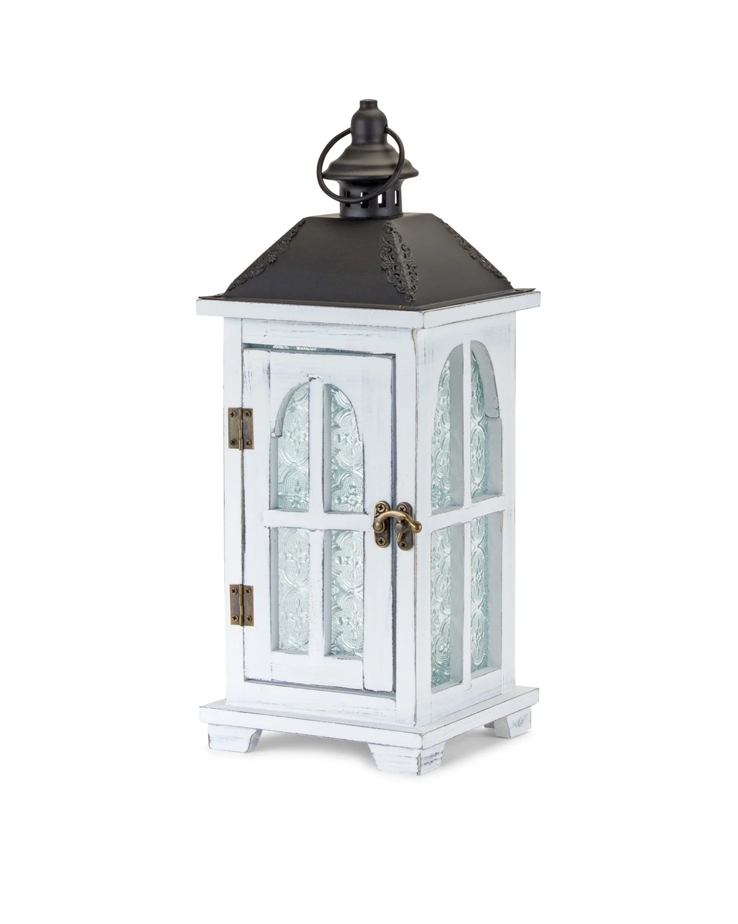 Set of Two White and Black Glass Wood and Metal Ornate Floor Lantern Candle Holders By Homeroots - Image 4
