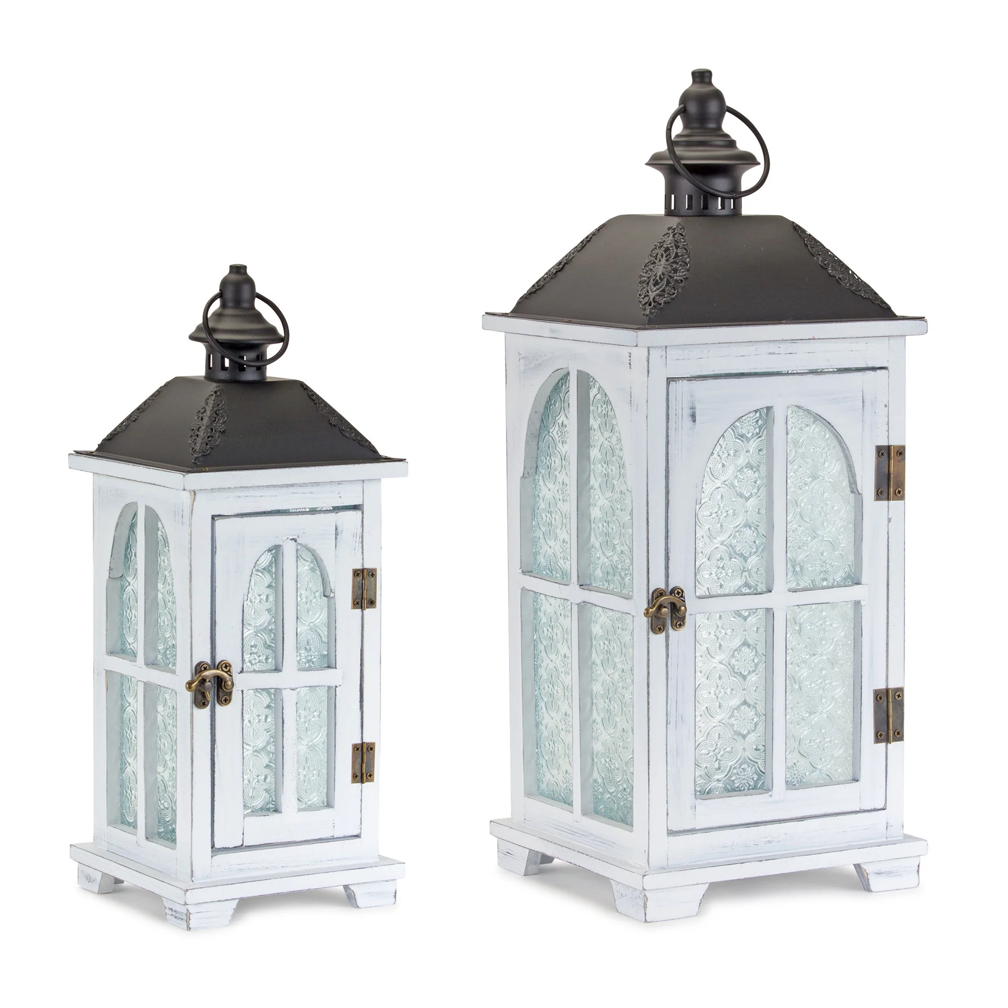 Set of Two White and Black Glass Wood and Metal Ornate Floor Lantern Candle Holders By Homeroots - Image 5