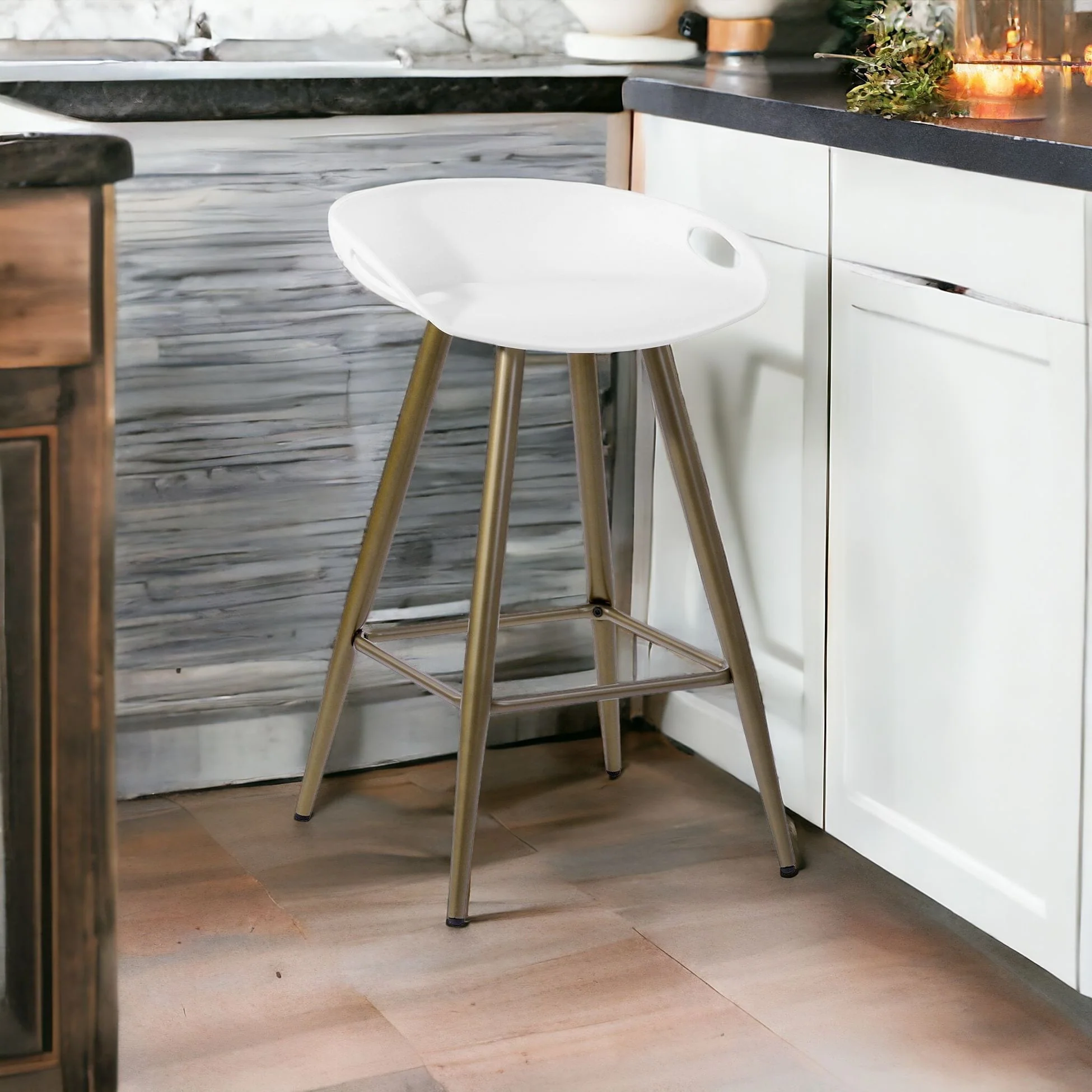 Set of Two White And Bronze Steel Low Back Counter Height Bar Chairs By Homeroots - Image 3