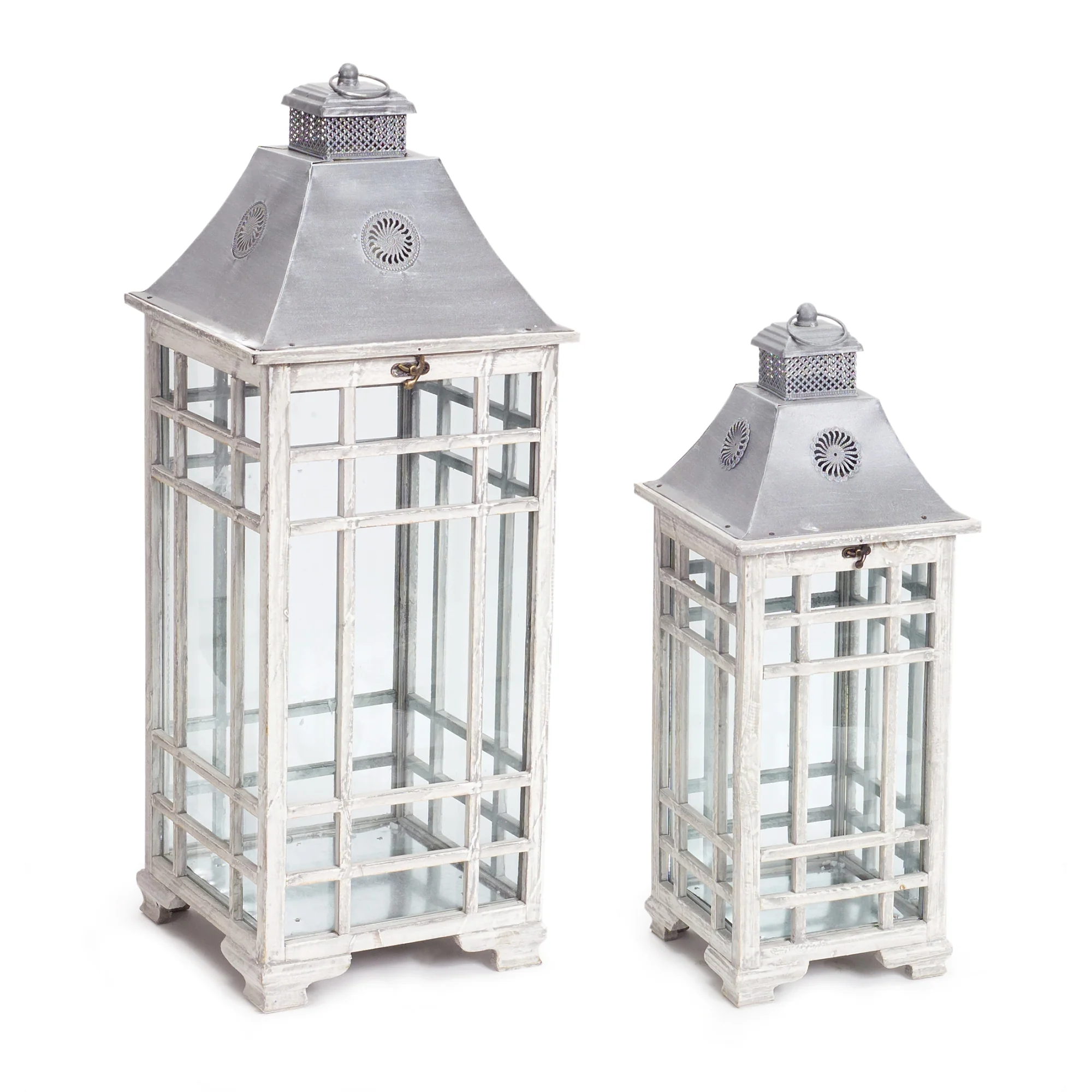 Set of Two White and Silver Metal Geometric Floor Lantern Candle Holders By Homeroots - Image 3