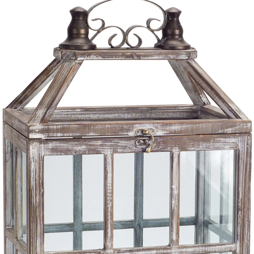Set of Two White Washed Wood and Glass Floor Lantern Candle Holders By Homeroots - Image 2