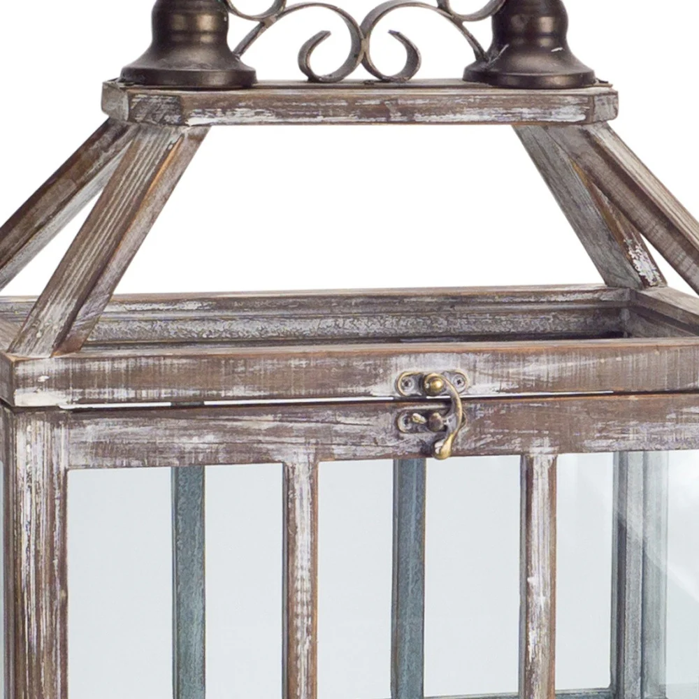 Set of Two White Washed Wood and Glass Floor Lantern Candle Holders By Homeroots - Image 3