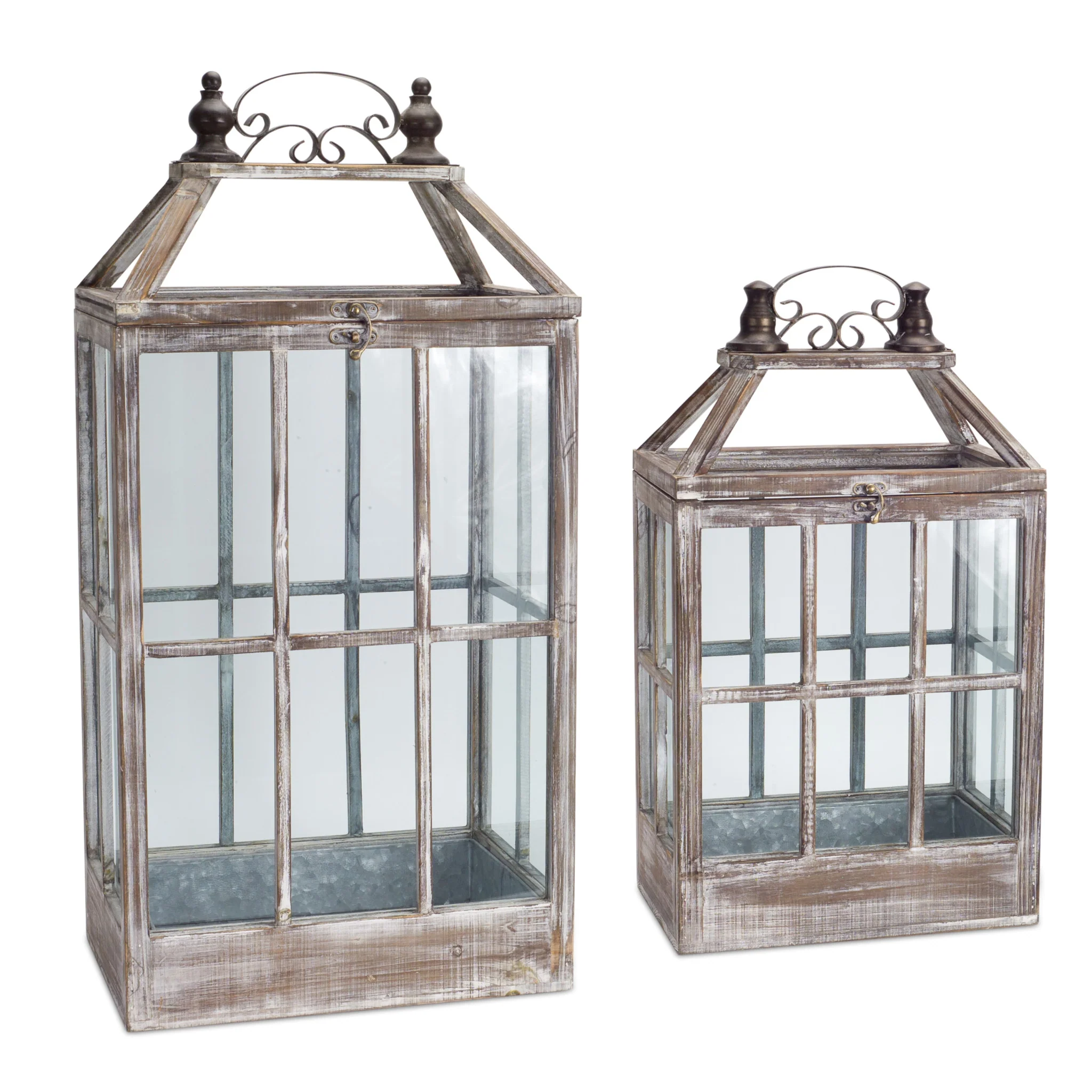 Set of Two White Washed Wood and Glass Floor Lantern Candle Holders By Homeroots - Image 6