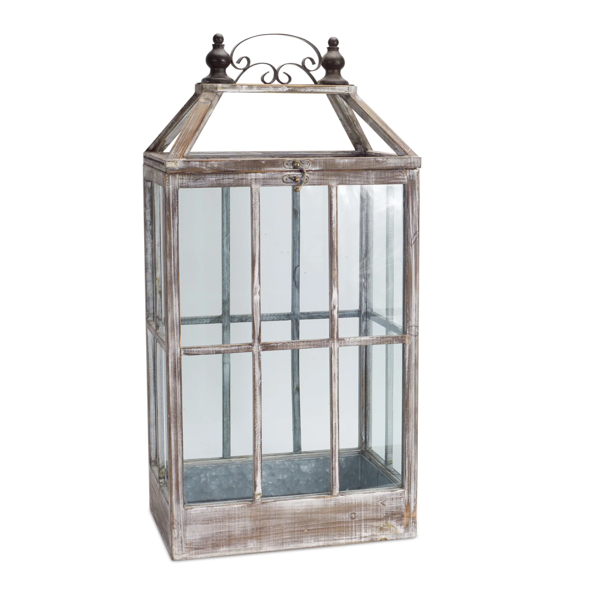 Set of Two White Washed Wood and Glass Floor Lantern Candle Holders By Homeroots - Image 7