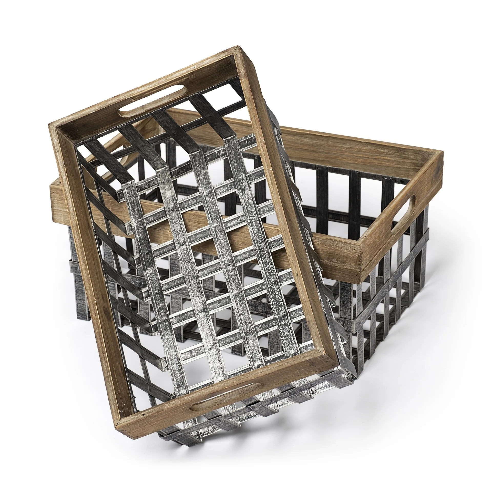 Set of Two Wood and Metal Crate Baskets By Homeroots - Image 2