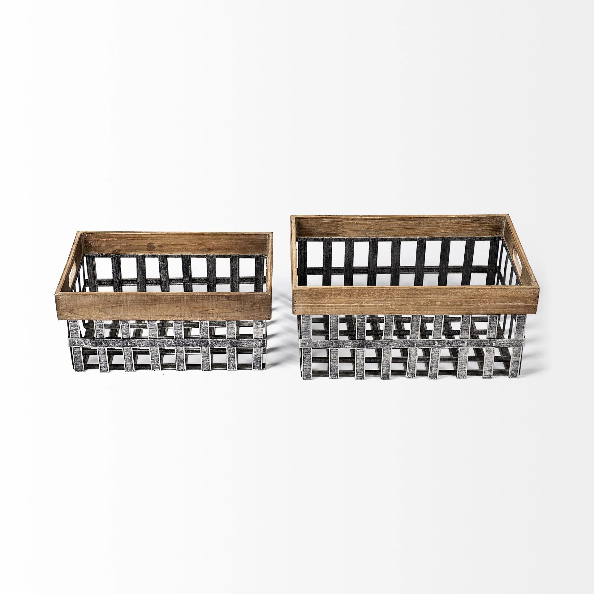 Set of Two Wood and Metal Crate Baskets By Homeroots - Image 3