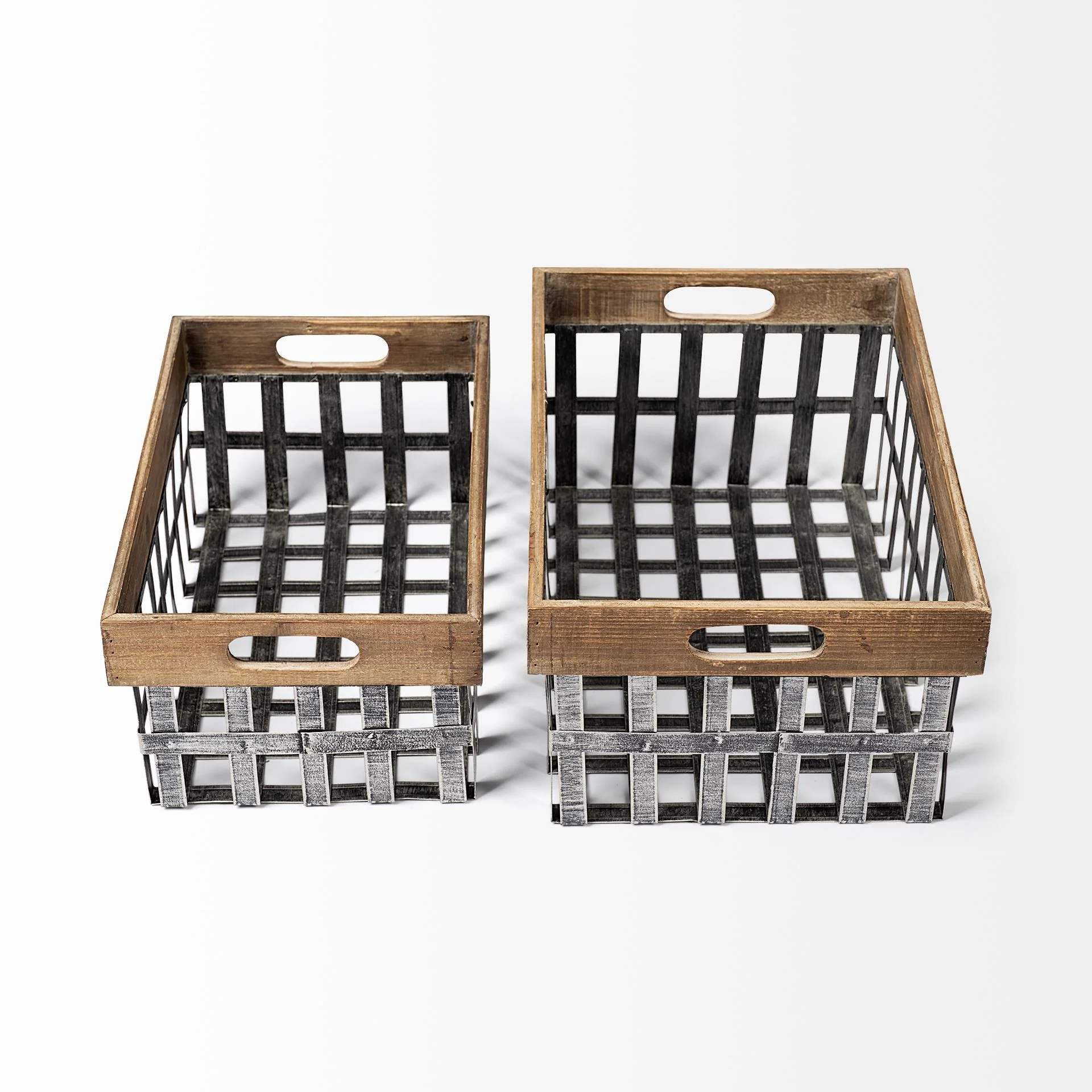 Set of Two Wood and Metal Crate Baskets By Homeroots - Image 4