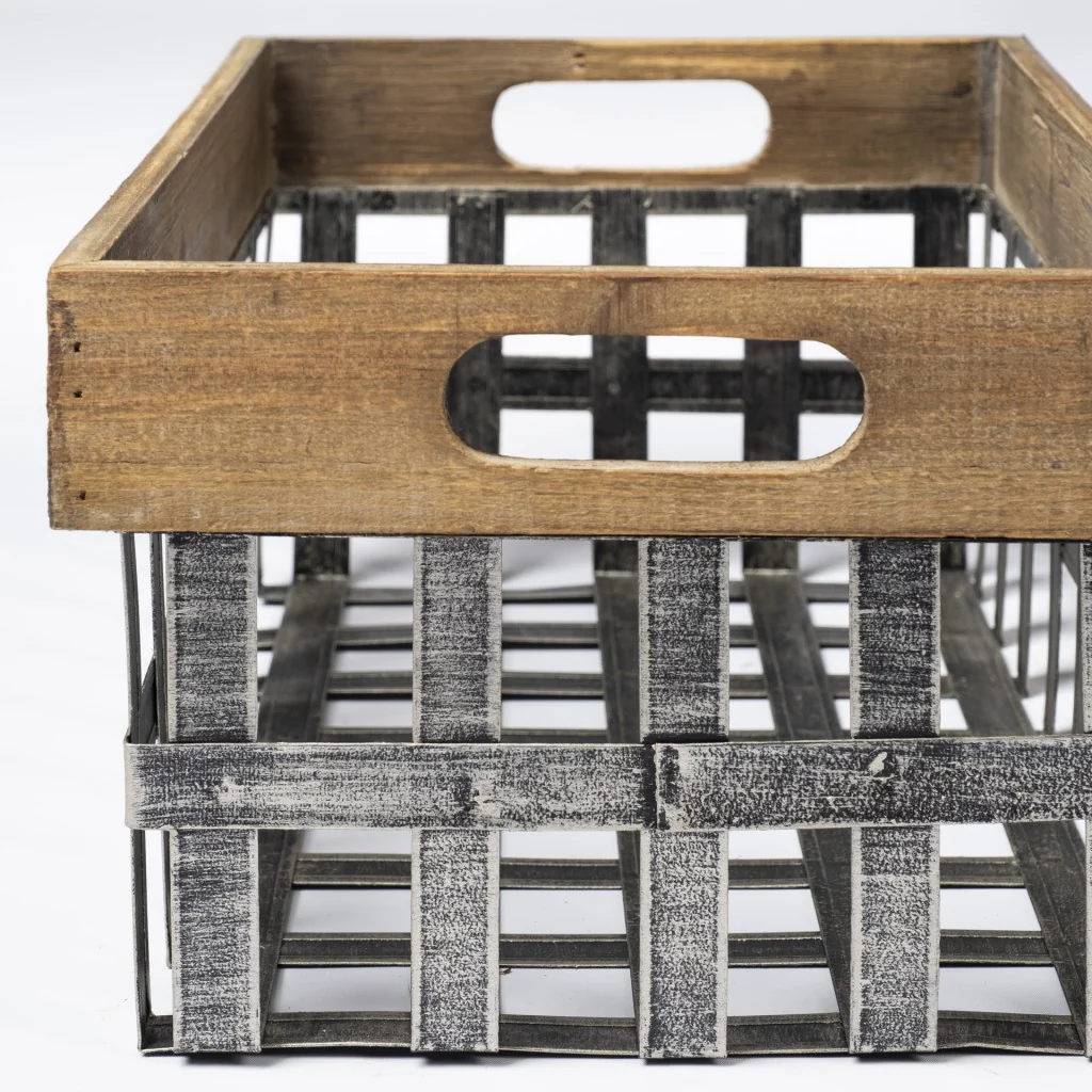 Set of Two Wood and Metal Crate Baskets By Homeroots - Image 6