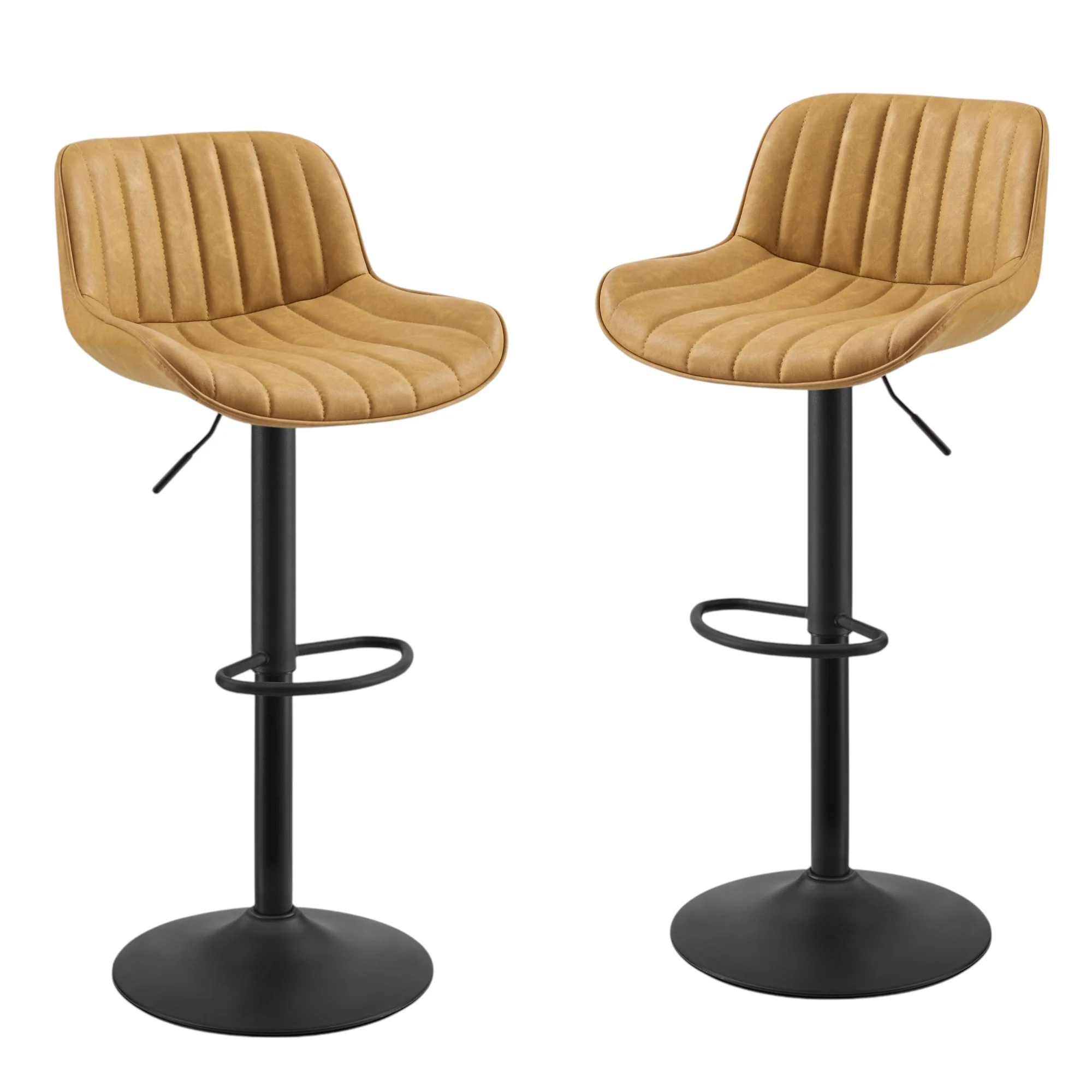 Set of Two Yellow And Black Faux Leather And Steel Swivel Low Back Adjustable Height Bar Chairs By Homeroots - Image 2