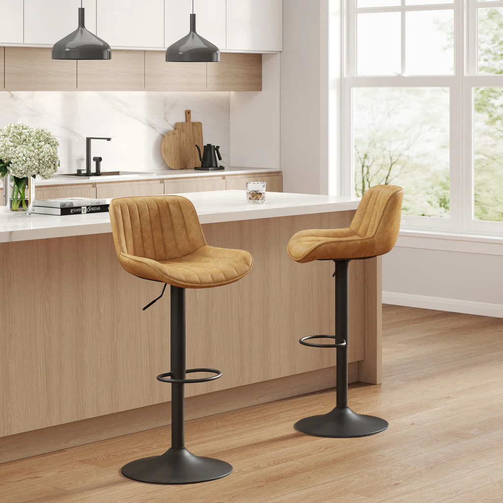 Set of Two Yellow And Black Faux Leather And Steel Swivel Low Back Adjustable Height Bar Chairs By Homeroots - Image 5